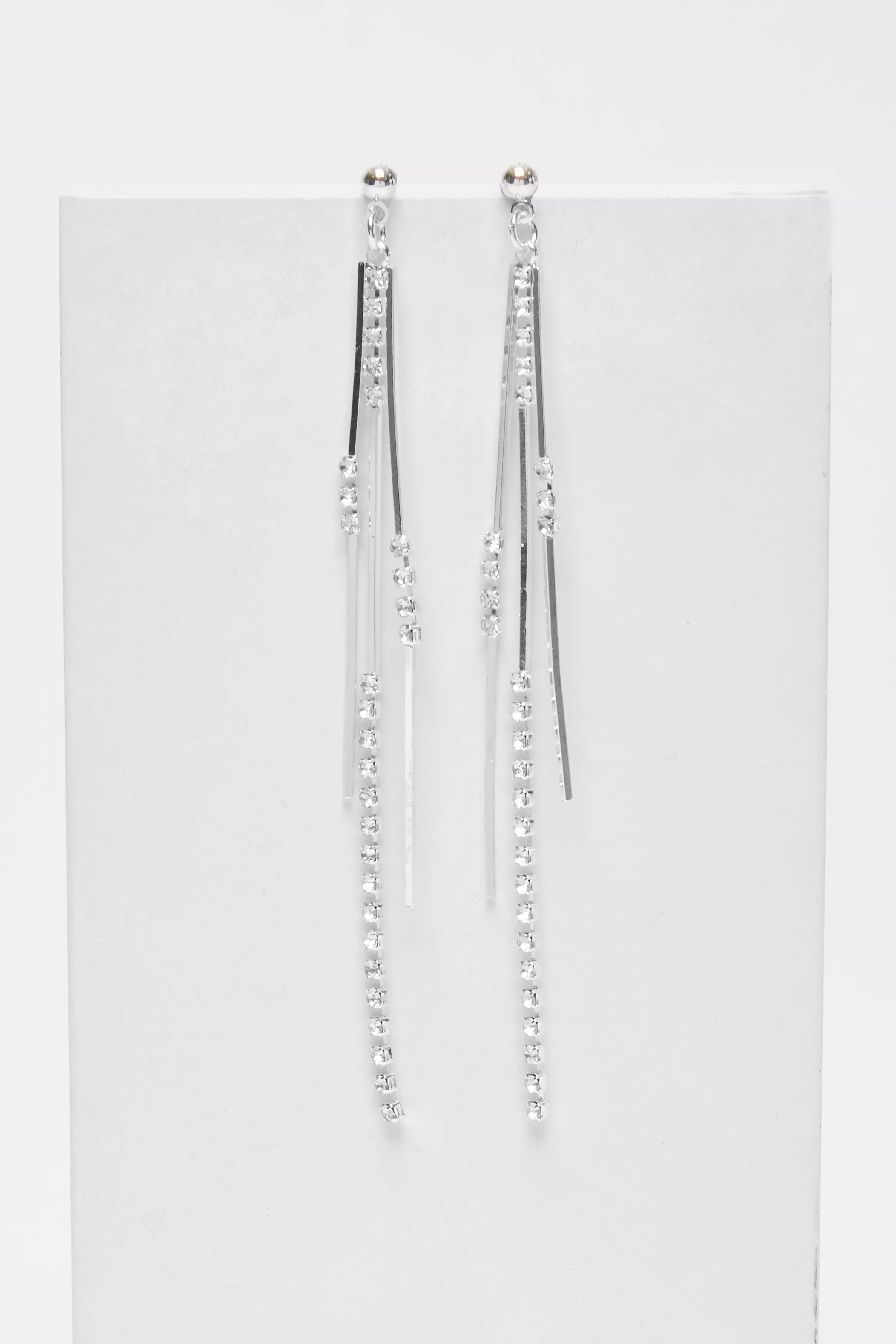 Silver Diamante Strand Long Earrings