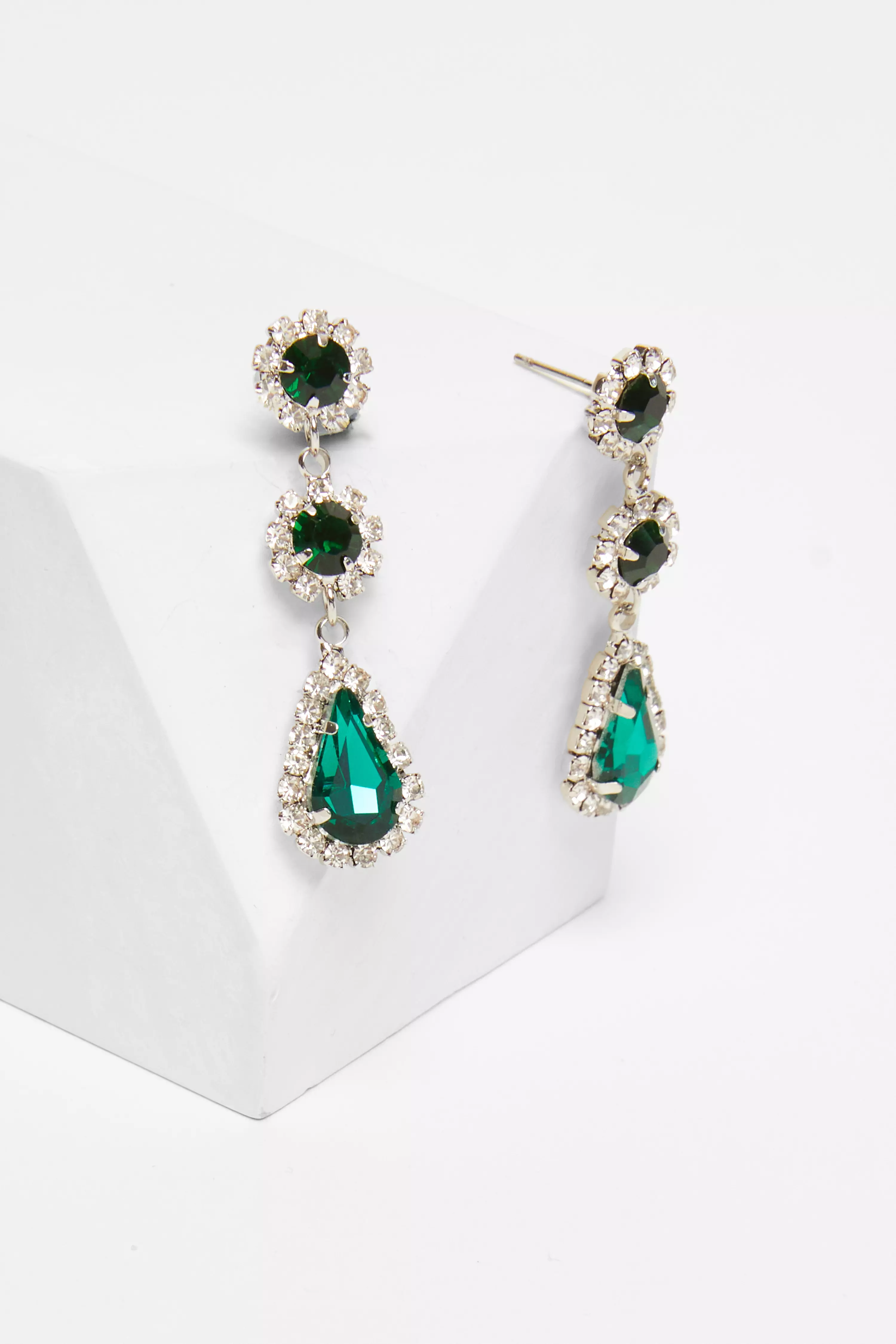 Green Jewel Drop Diamante Earrings
