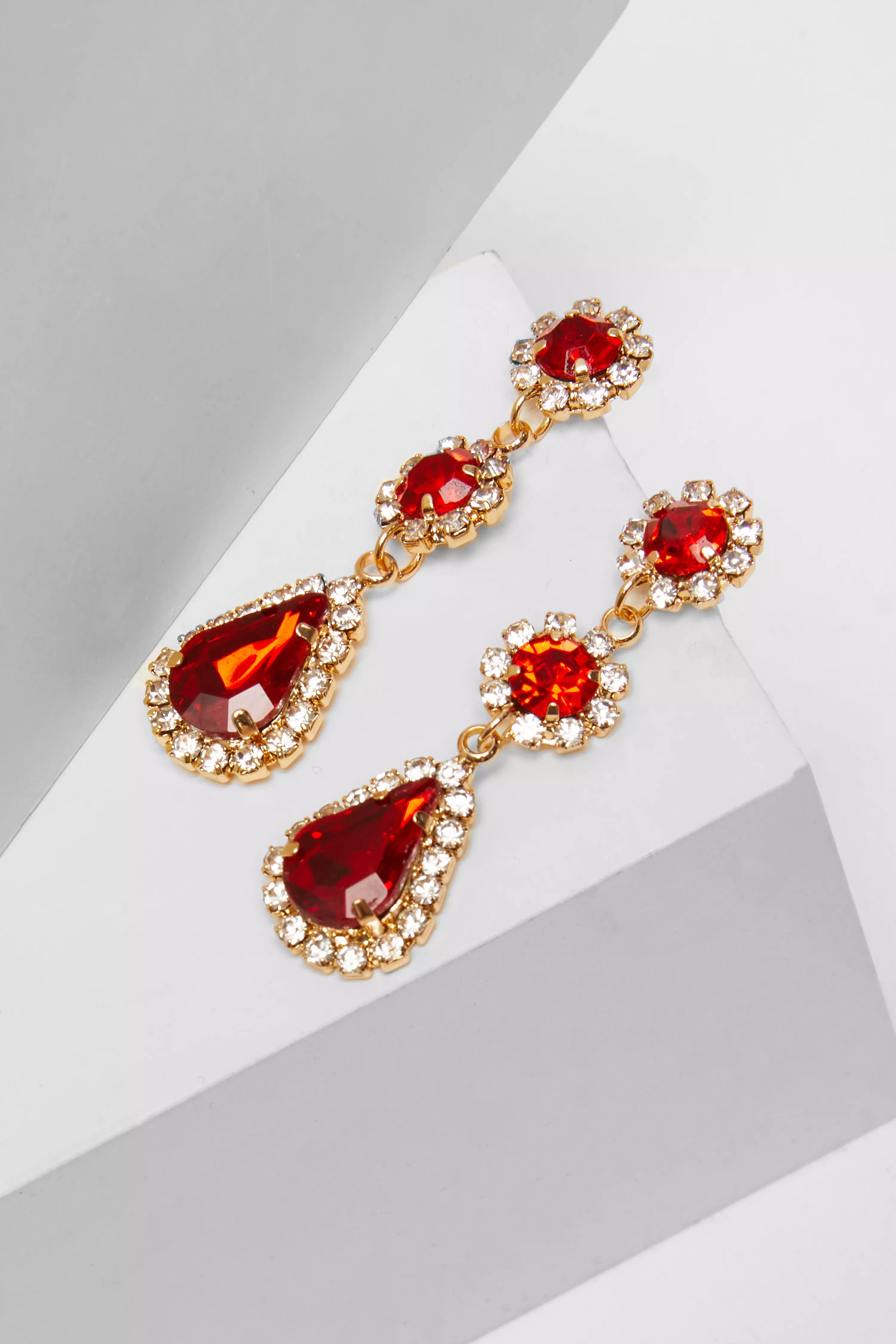 Red Jewel Drop Diamante Earrings