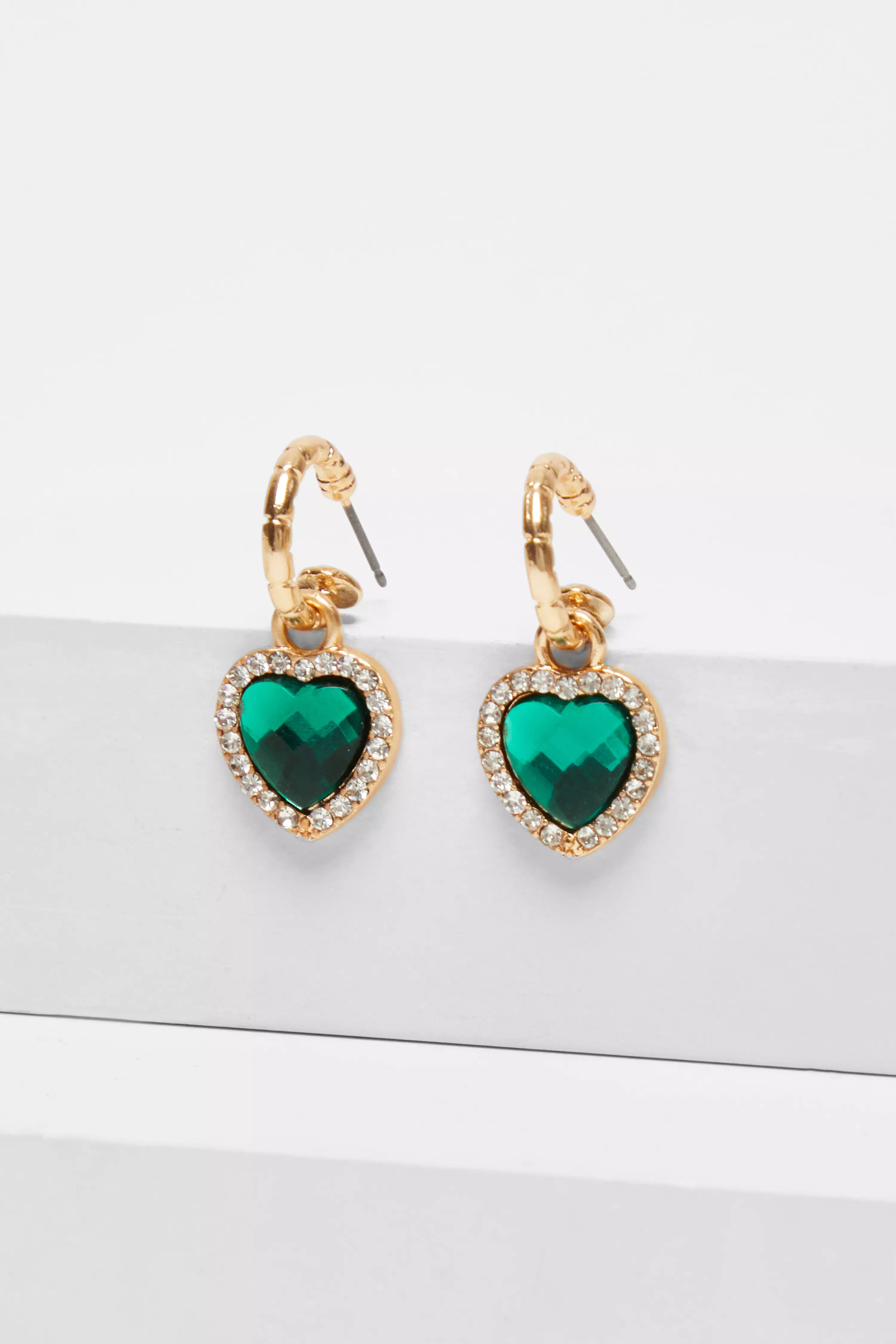 Green Heart Drop Hoop Earrings