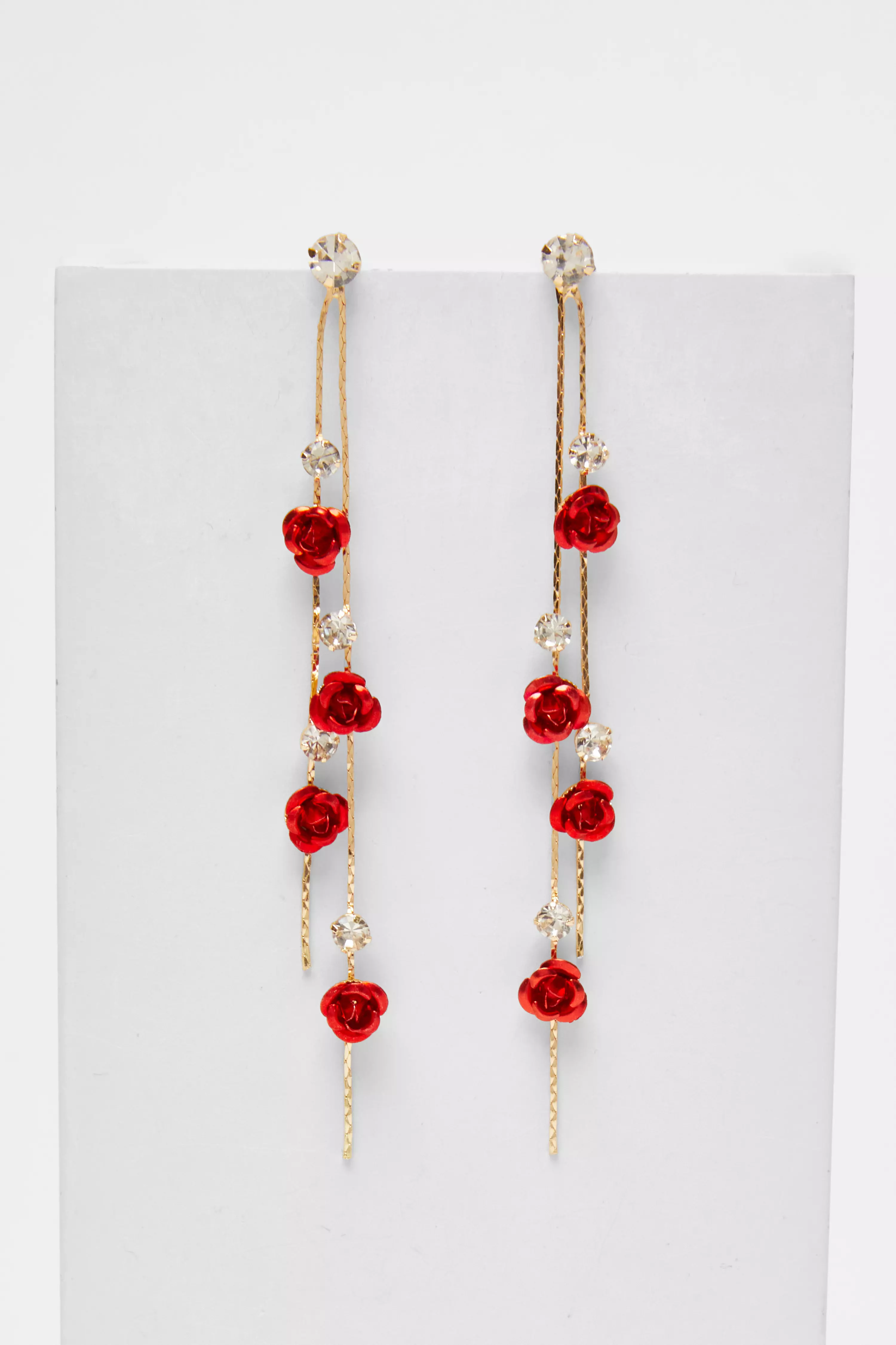 Red Diamante Rose Drop Earrings