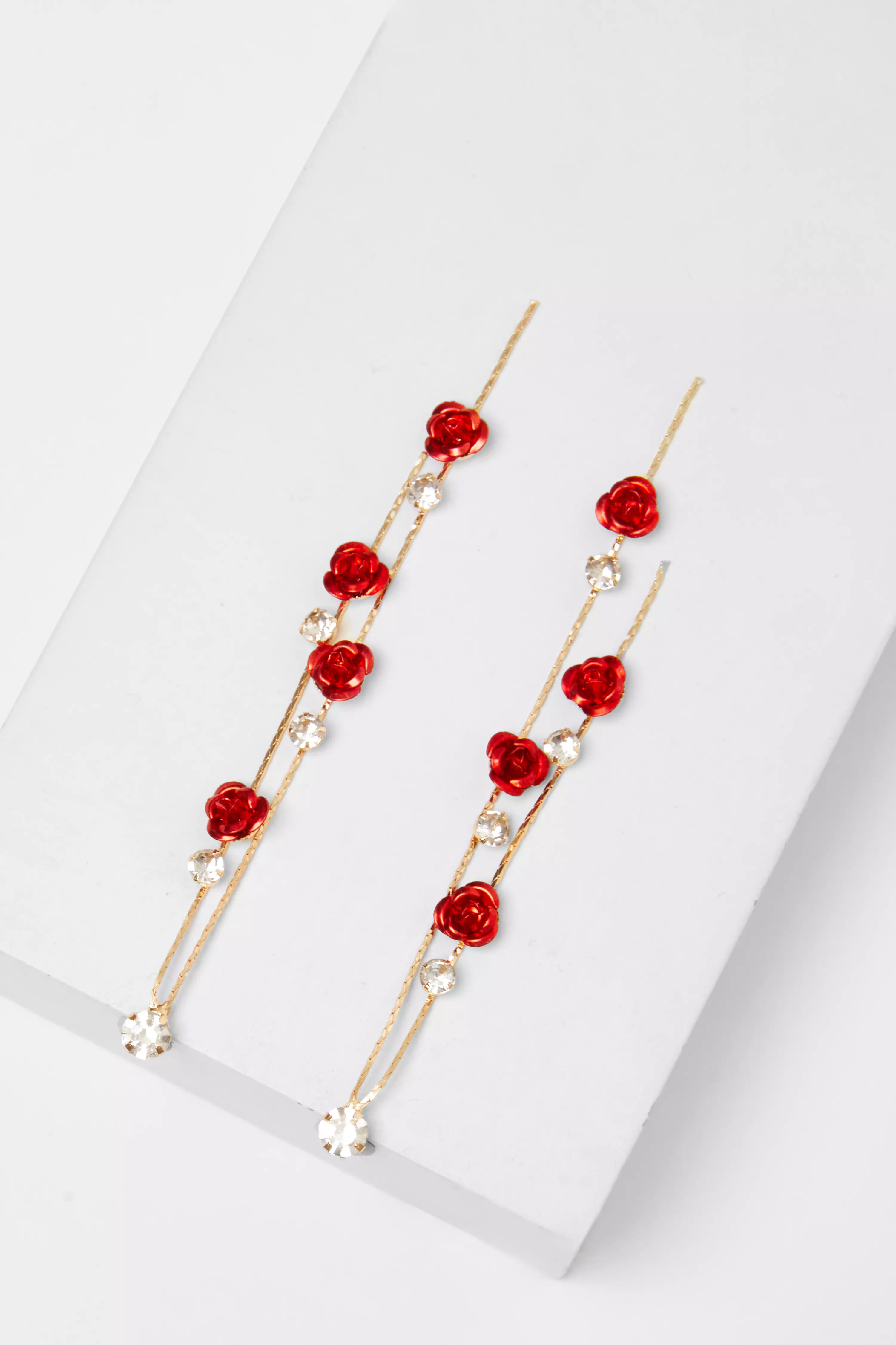 Red Diamante Rose Drop Earrings