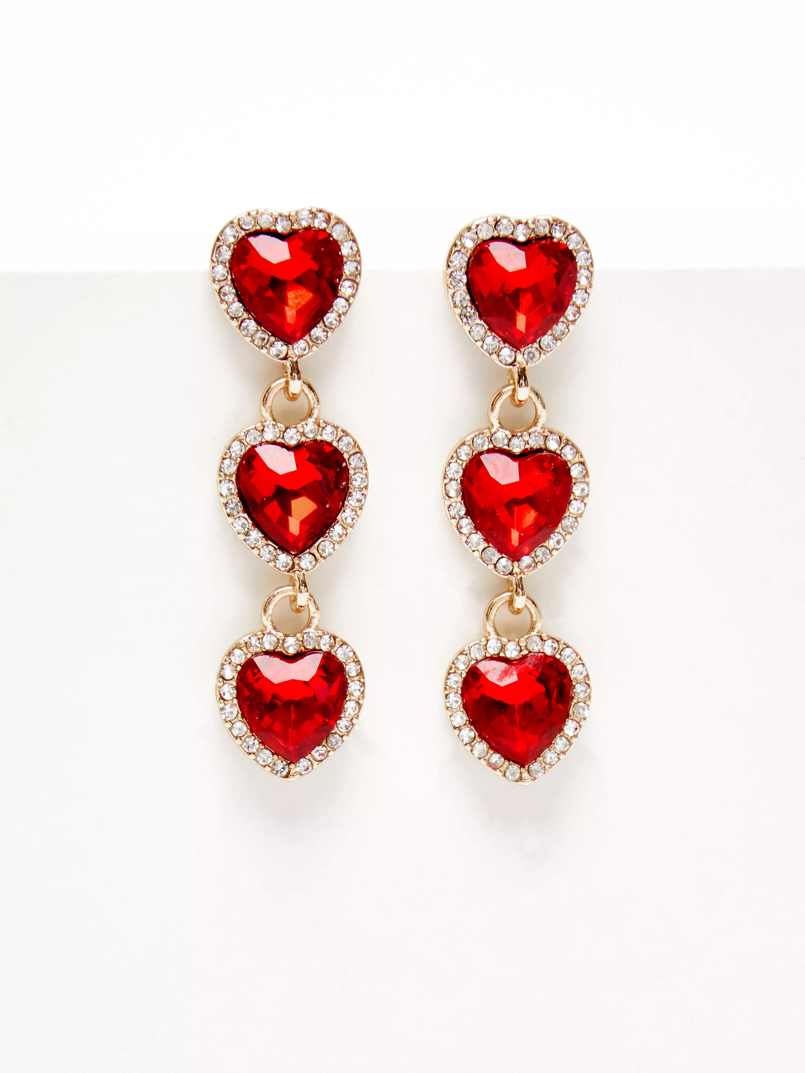 Red Diamante Heart Drop Earrings