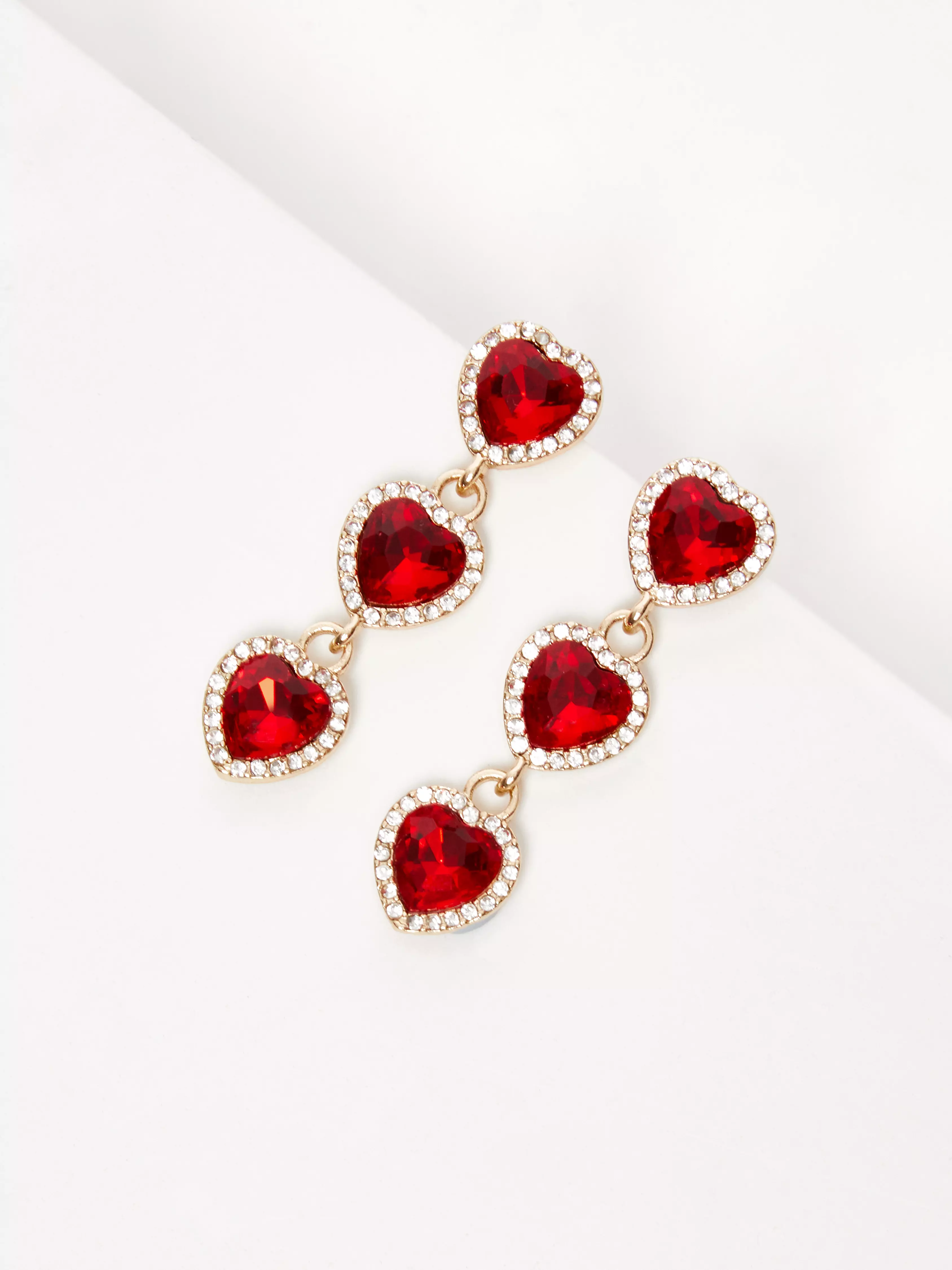 Red Diamante Heart Drop Earrings