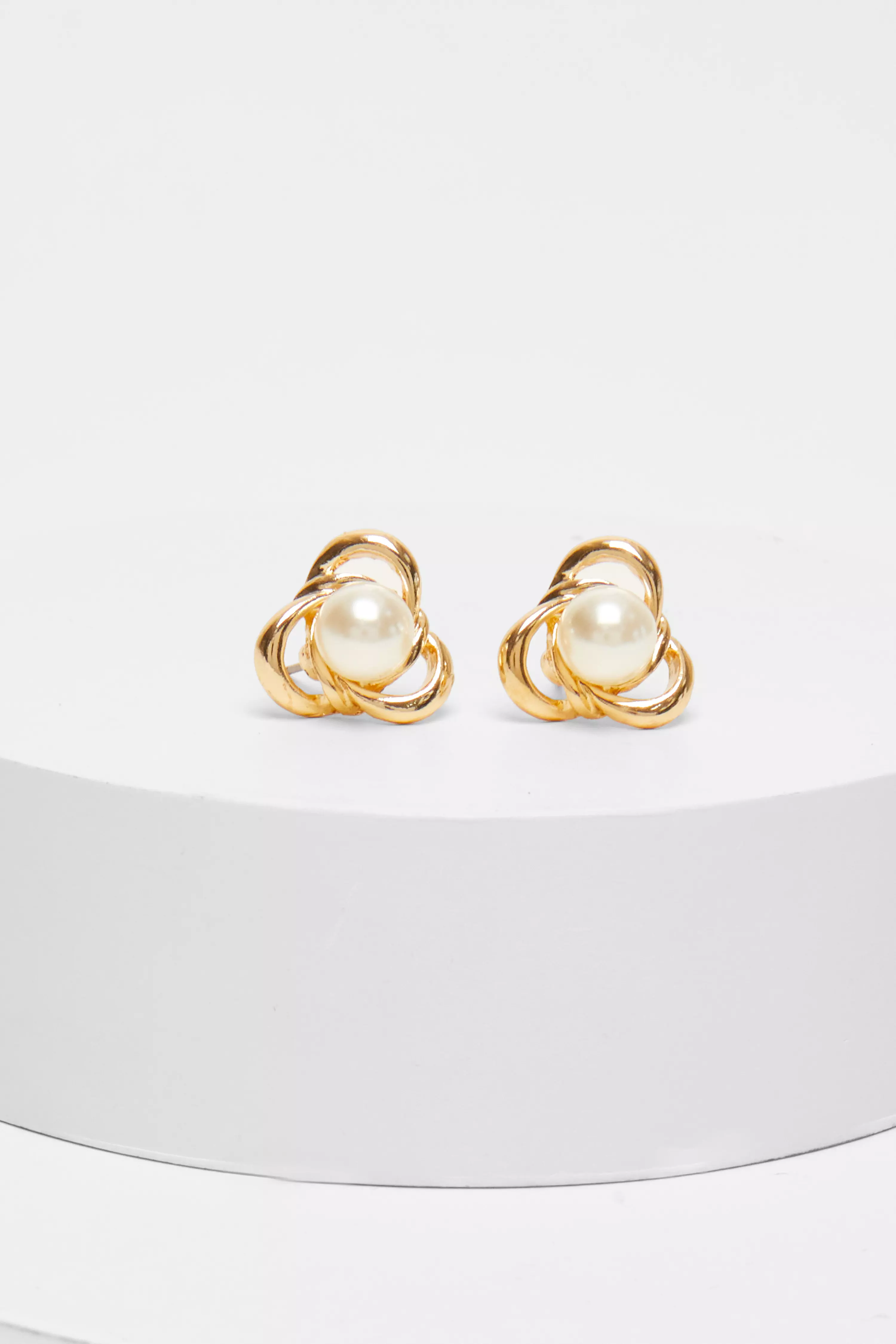Gold Swirl Pearl Stud Earrings