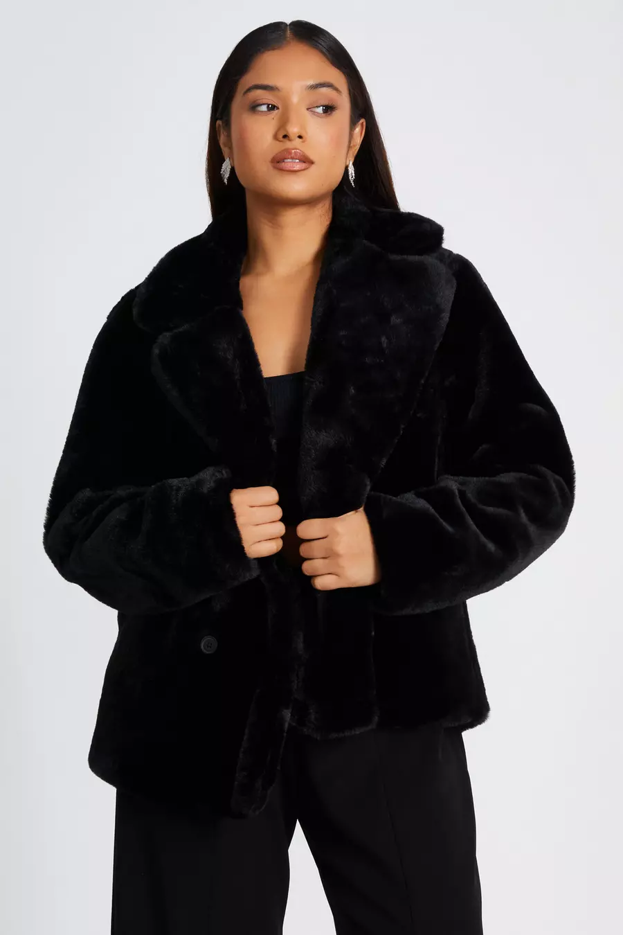 Petite Black Faux Fur Jacket QUIZ Clothing