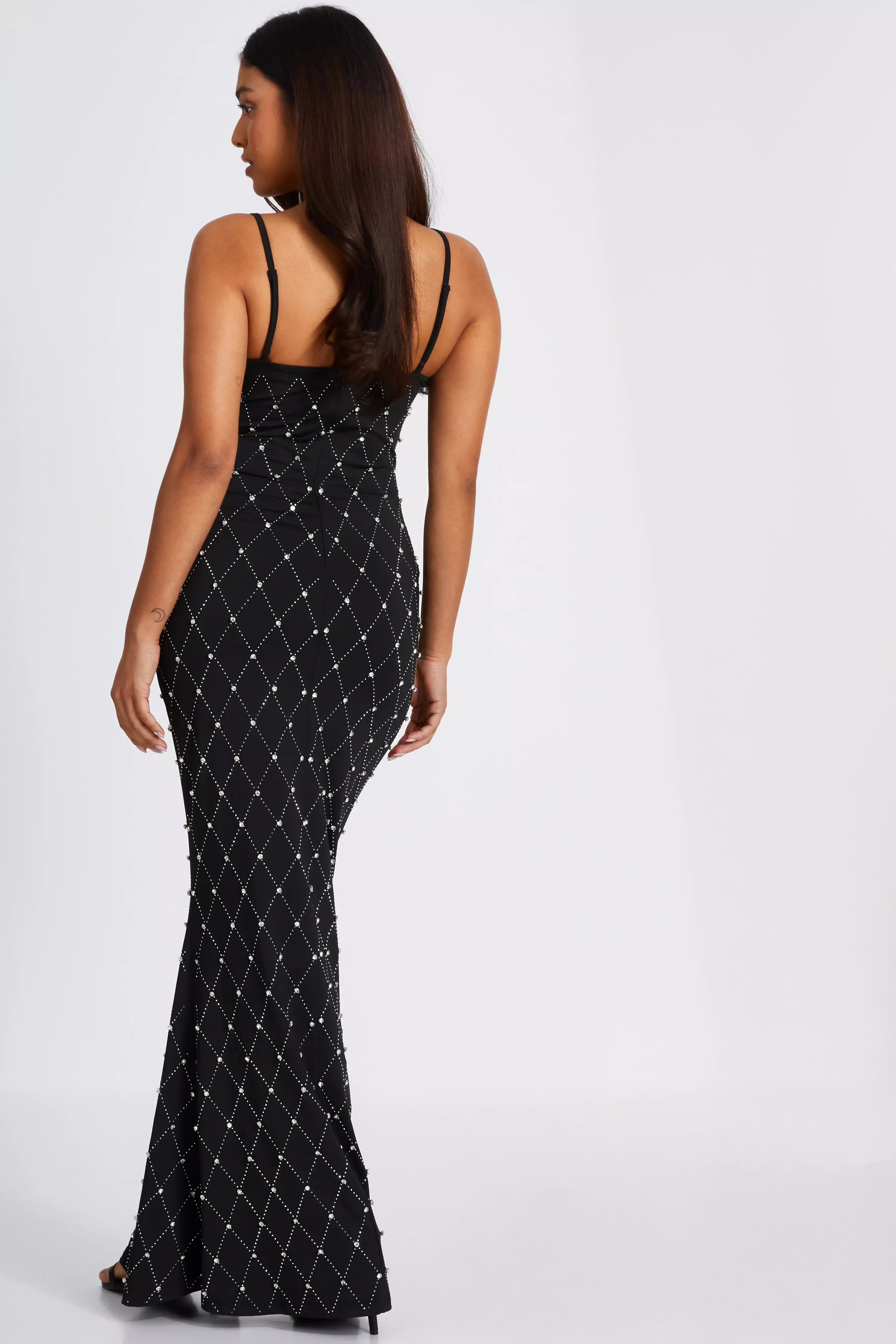 Petite Black Rhinestone Square Neck Maxi Dress