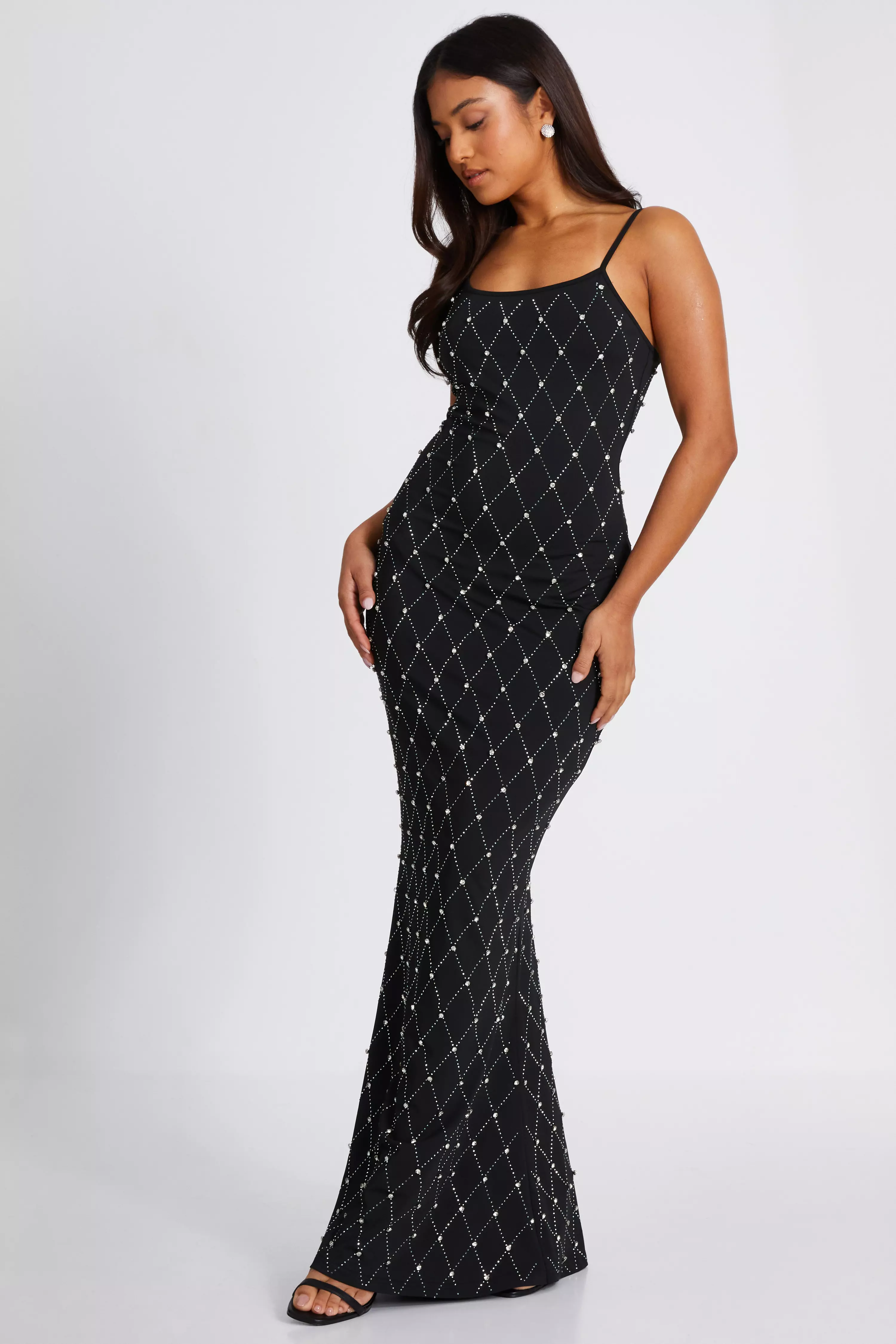 Petite Black Rhinestone Square Neck Maxi Dress