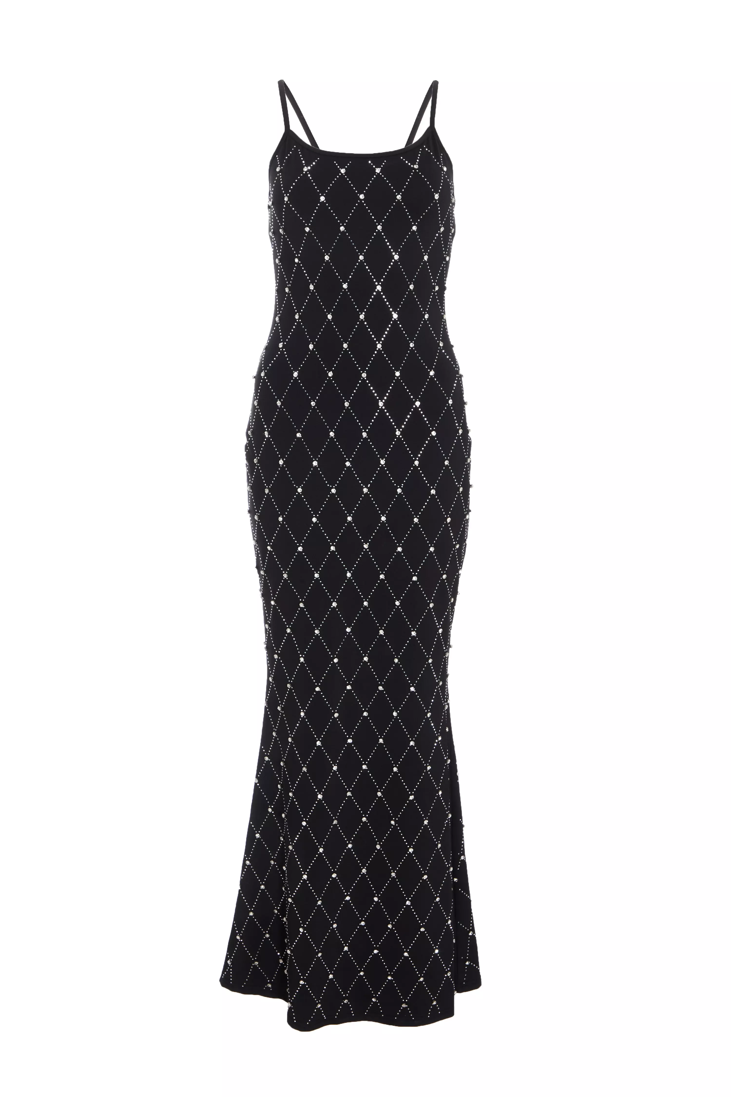 Petite Black Rhinestone Square Neck Maxi Dress