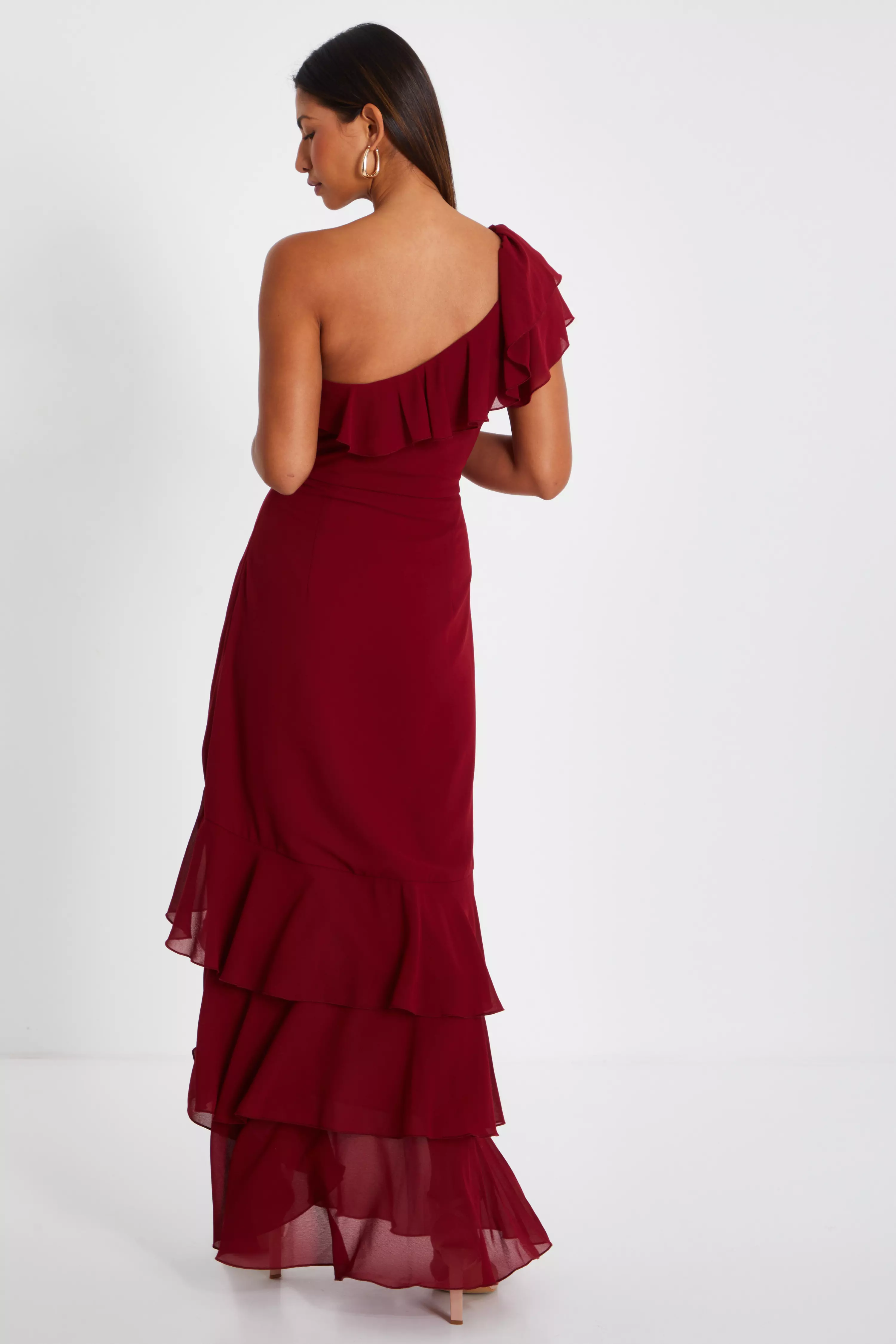 Dark Red One Shoulder Chiffon Ruffle Maxi Dress