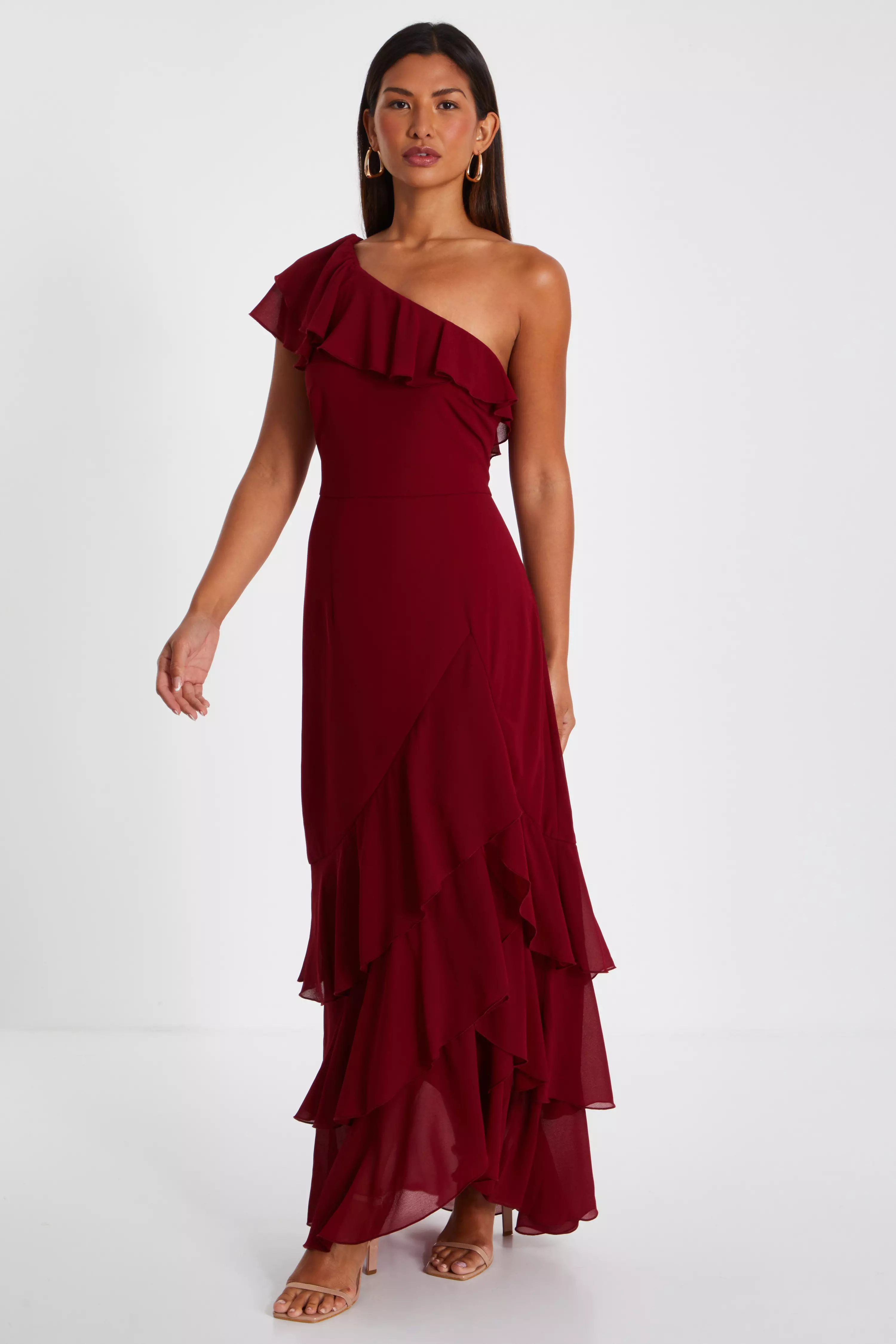 Dark Red One Shoulder Chiffon Ruffle Maxi Dress