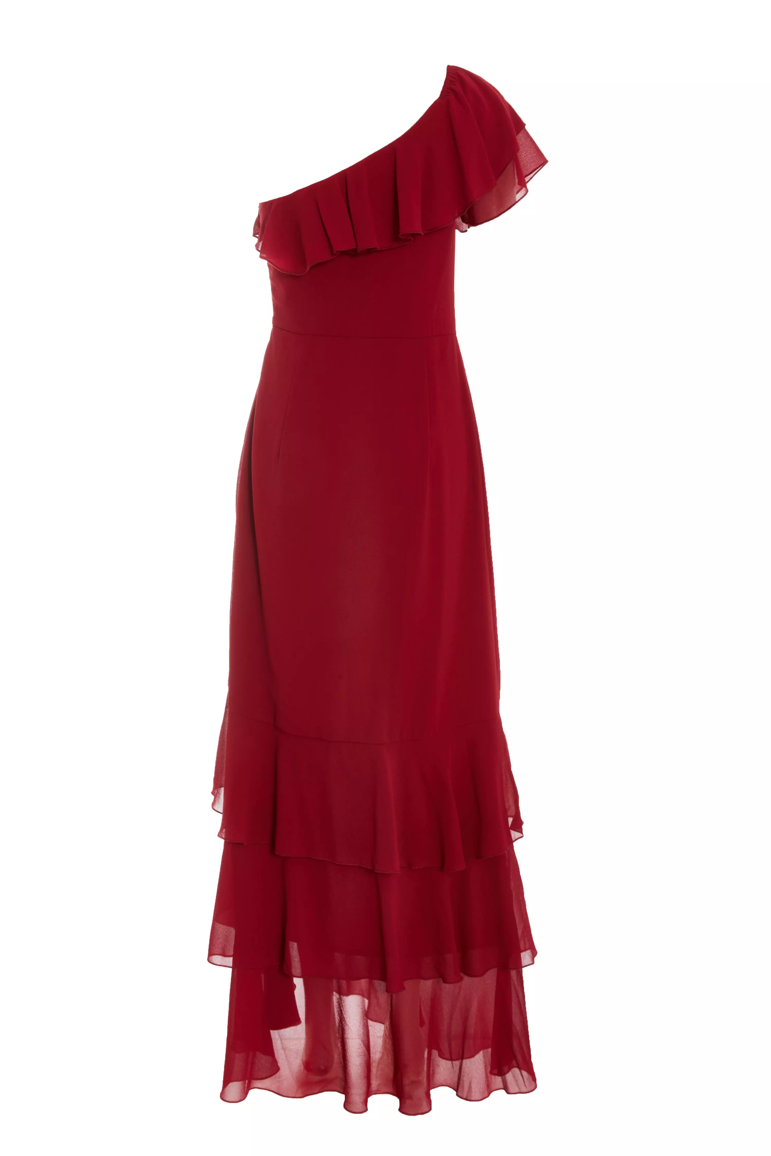 Dark Red One Shoulder Chiffon Ruffle Maxi Dress