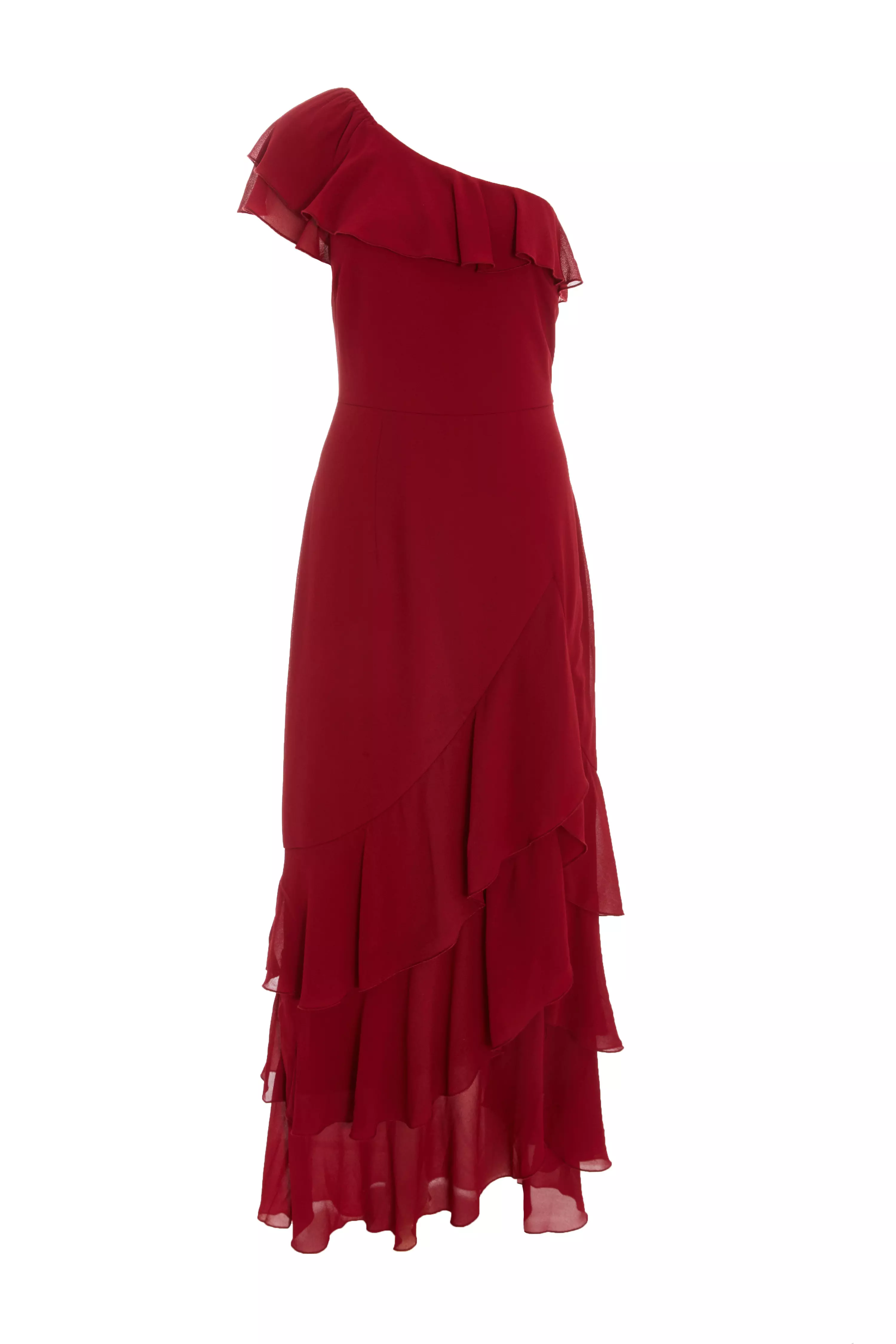 Dark Red One Shoulder Chiffon Ruffle Maxi Dress