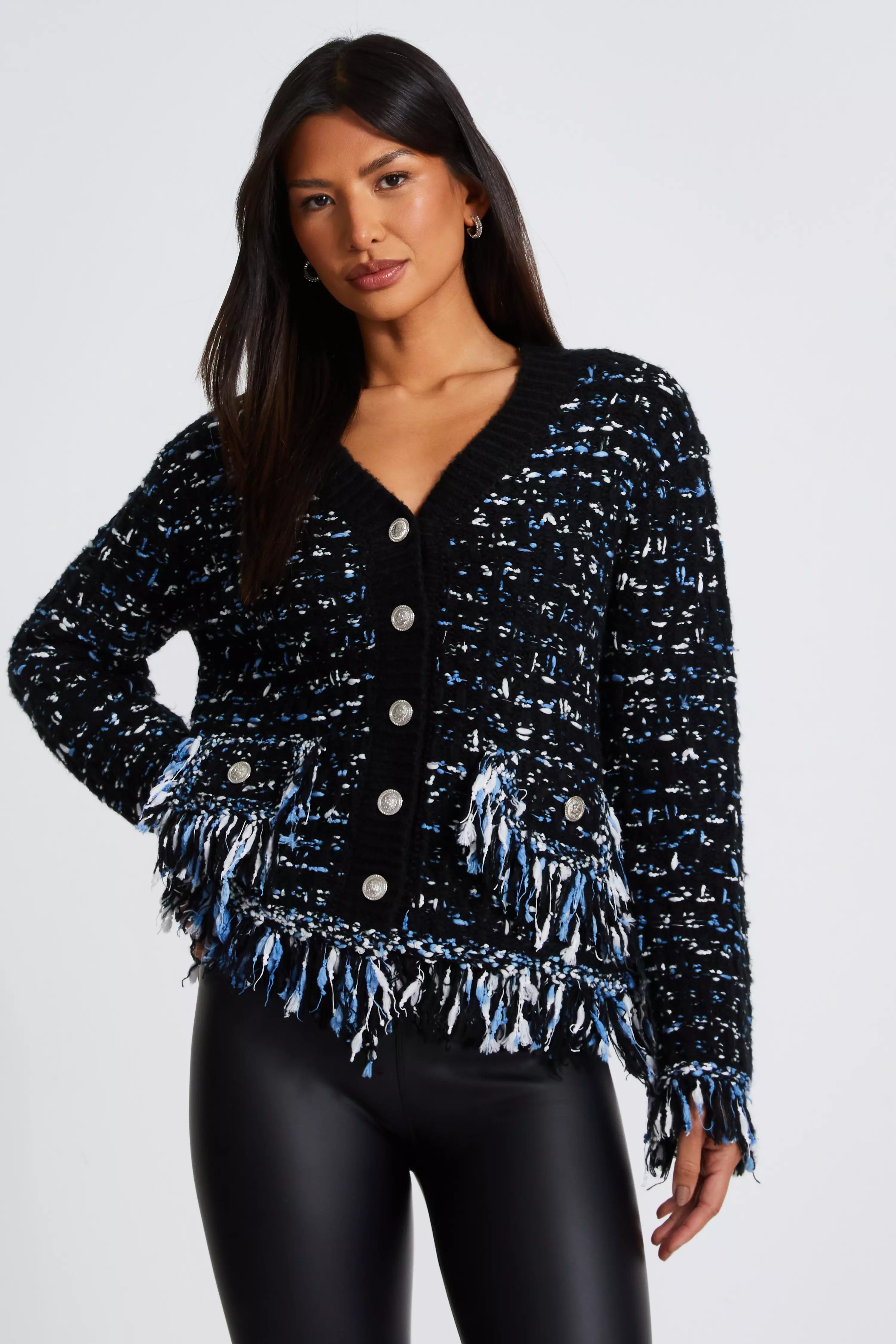 Black Boucle Knit Fringe Cardigan