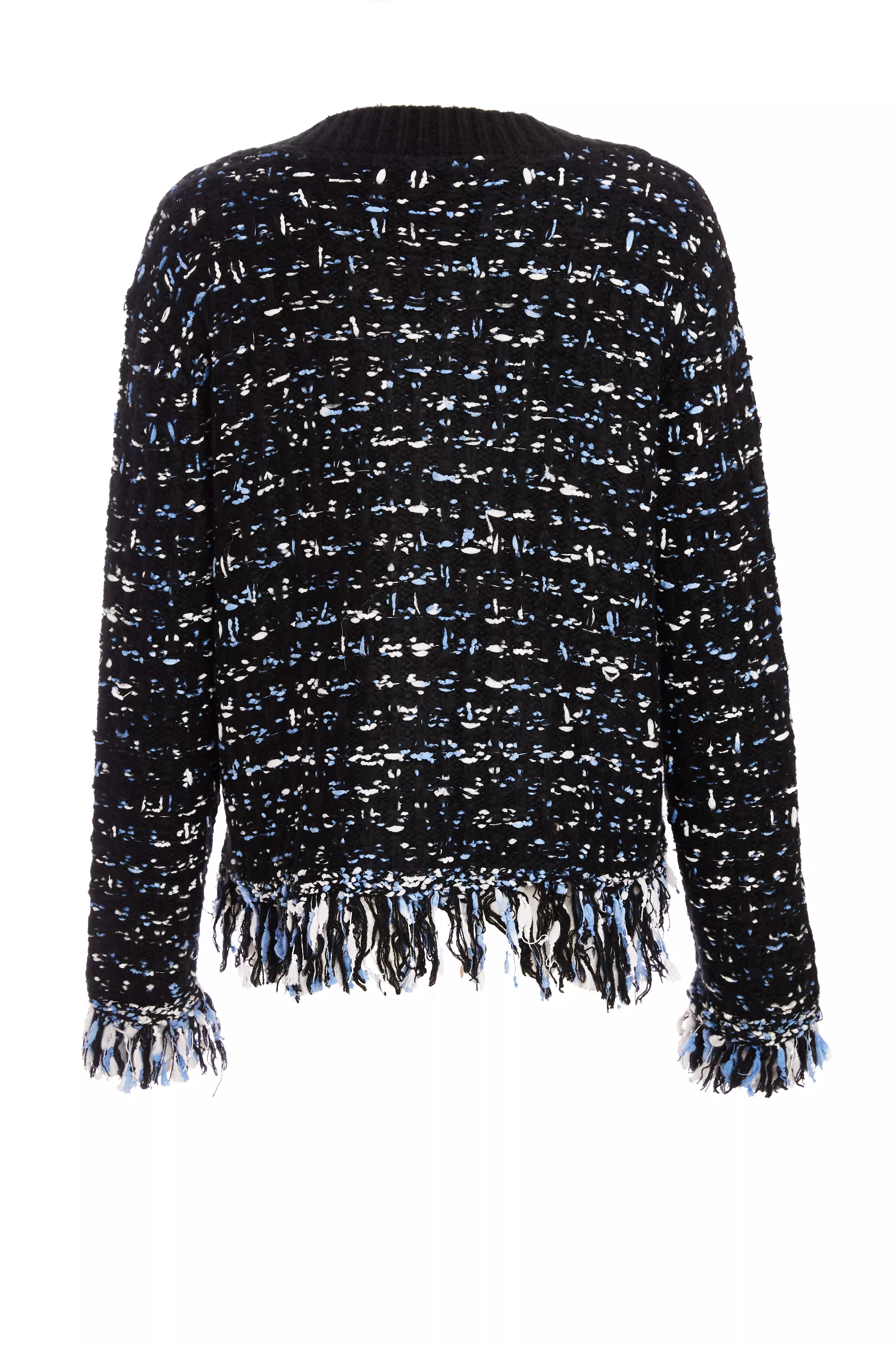 Black Boucle Knit Fringe Cardigan