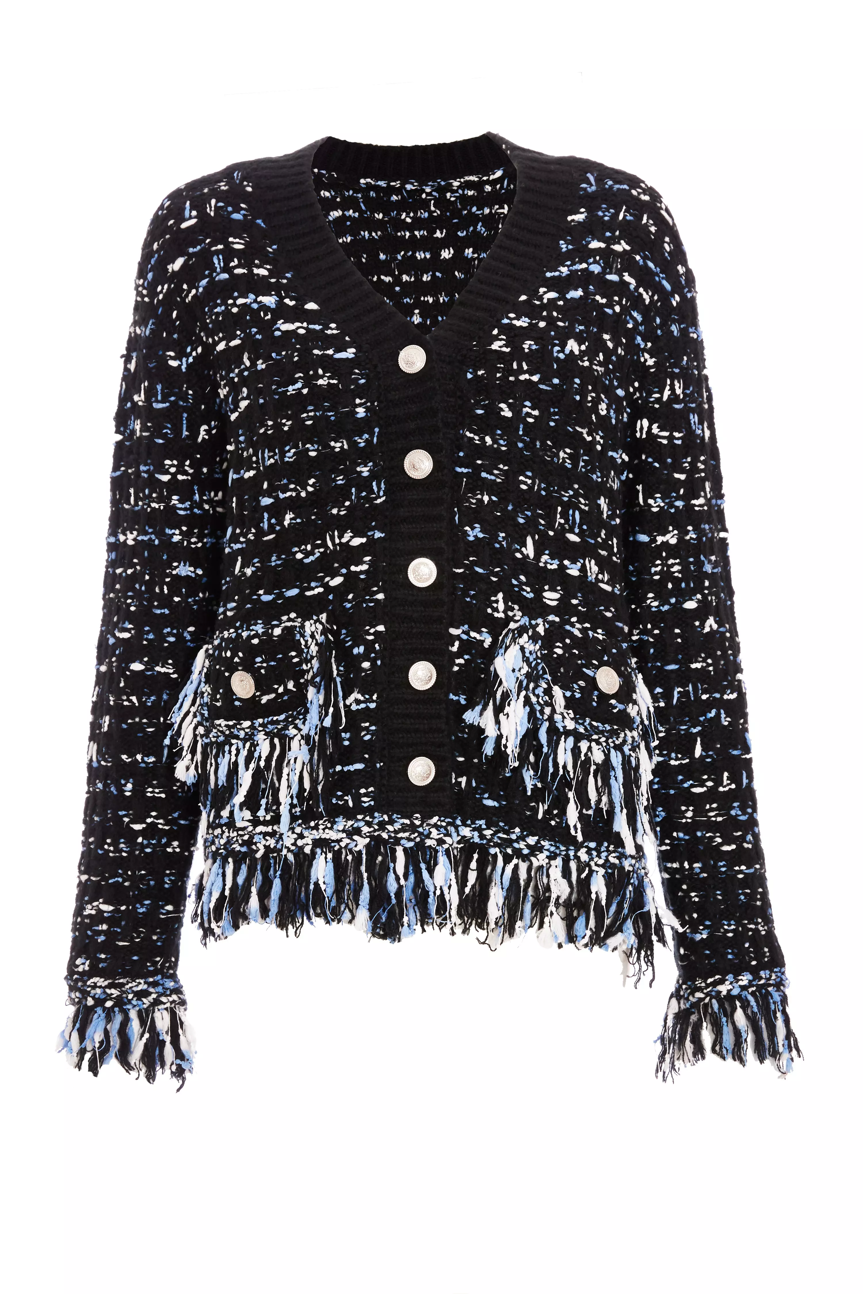 Black Boucle Knit Fringe Cardigan