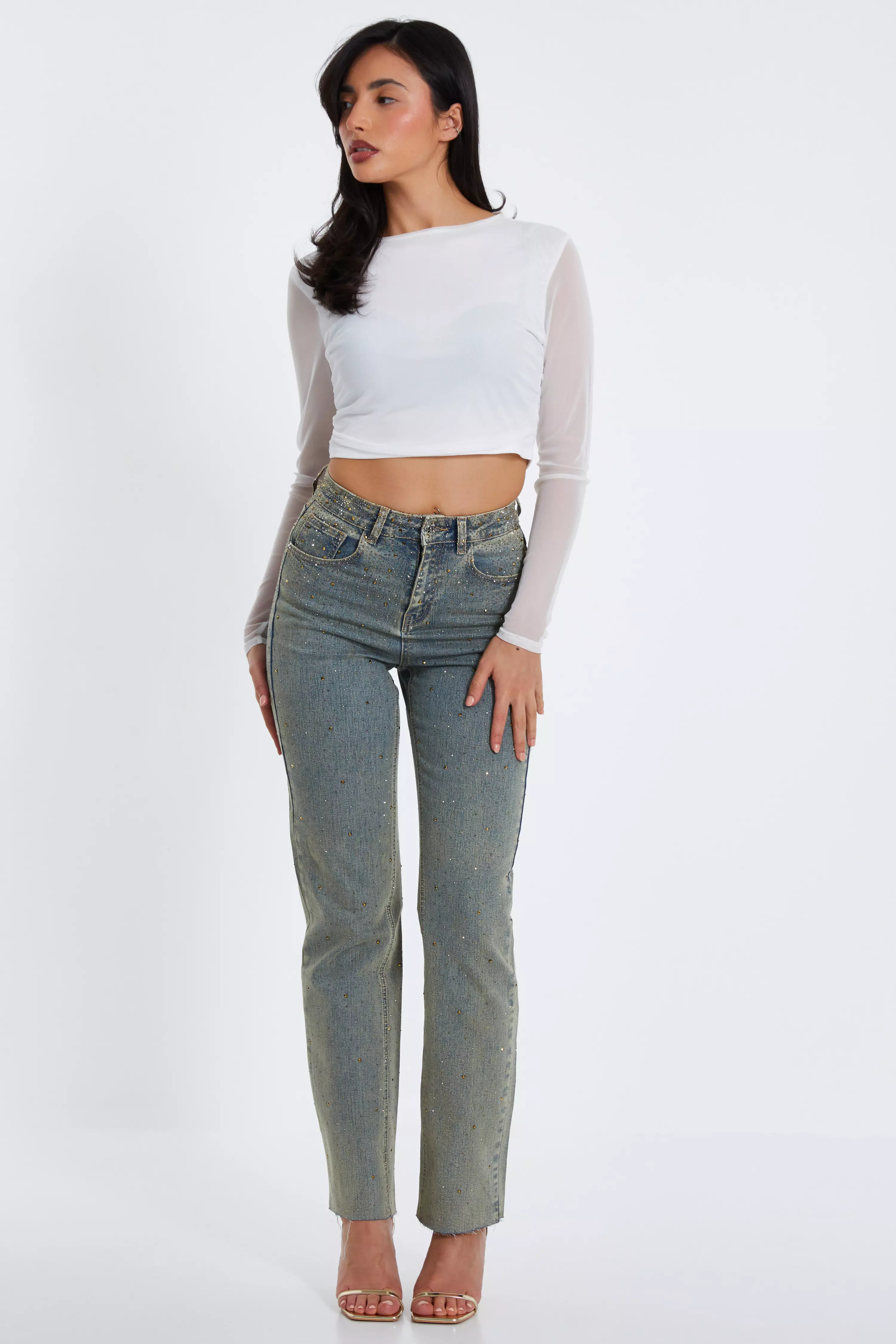 Blue Embellished Wide Leg Jeans