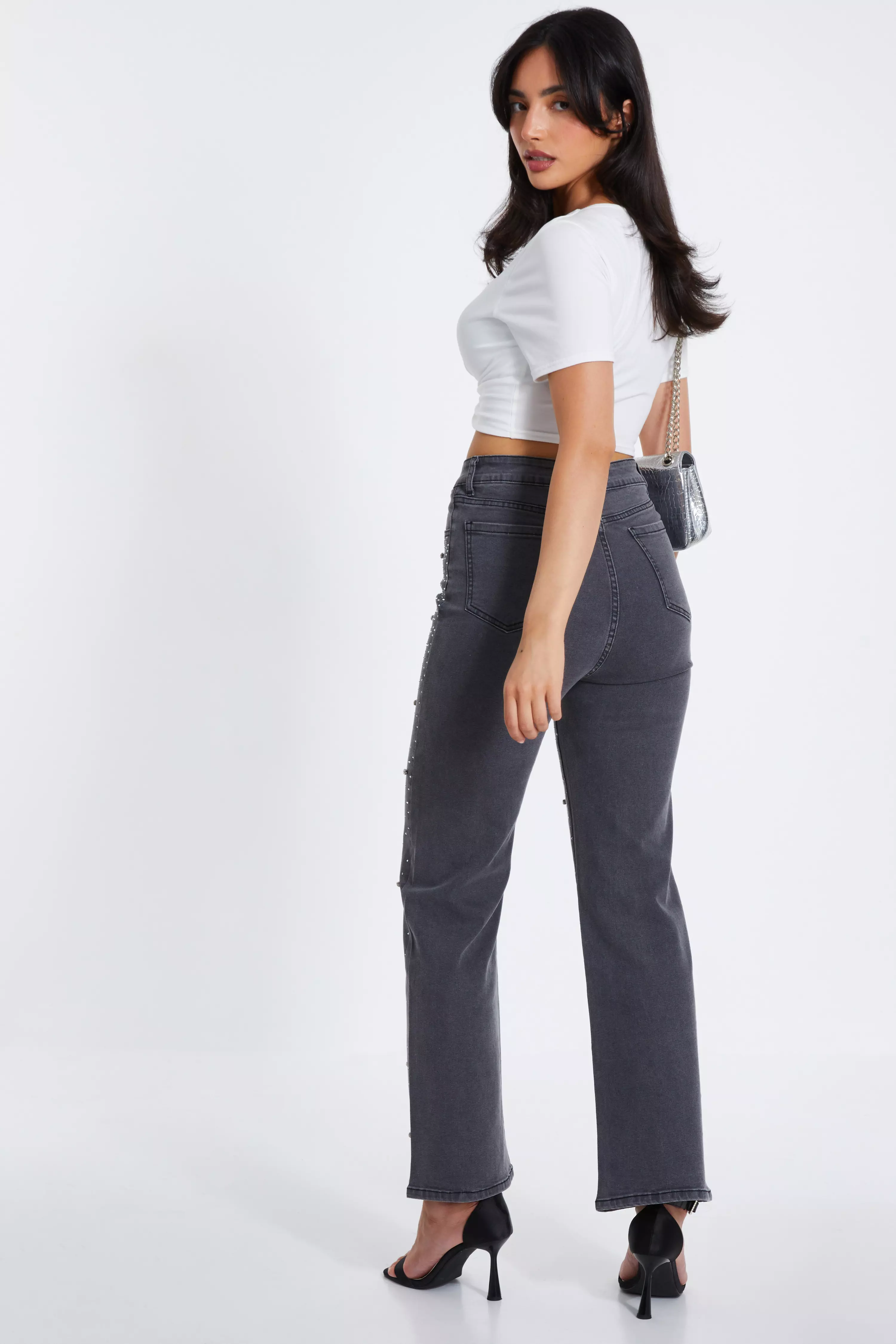 Grey Diamante Embellished Wide Leg Jeans