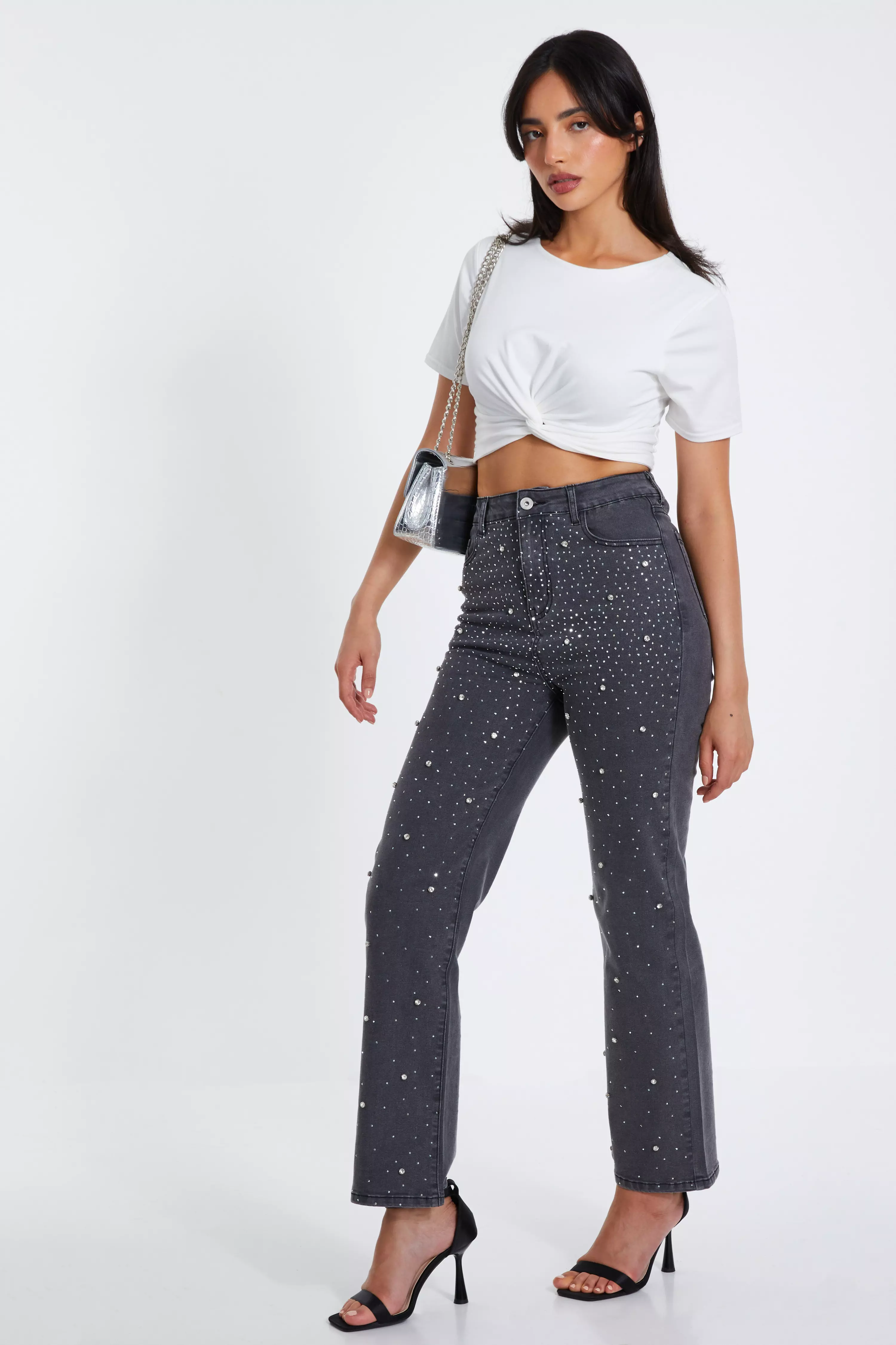 Grey Diamante Embellished Wide Leg Jeans