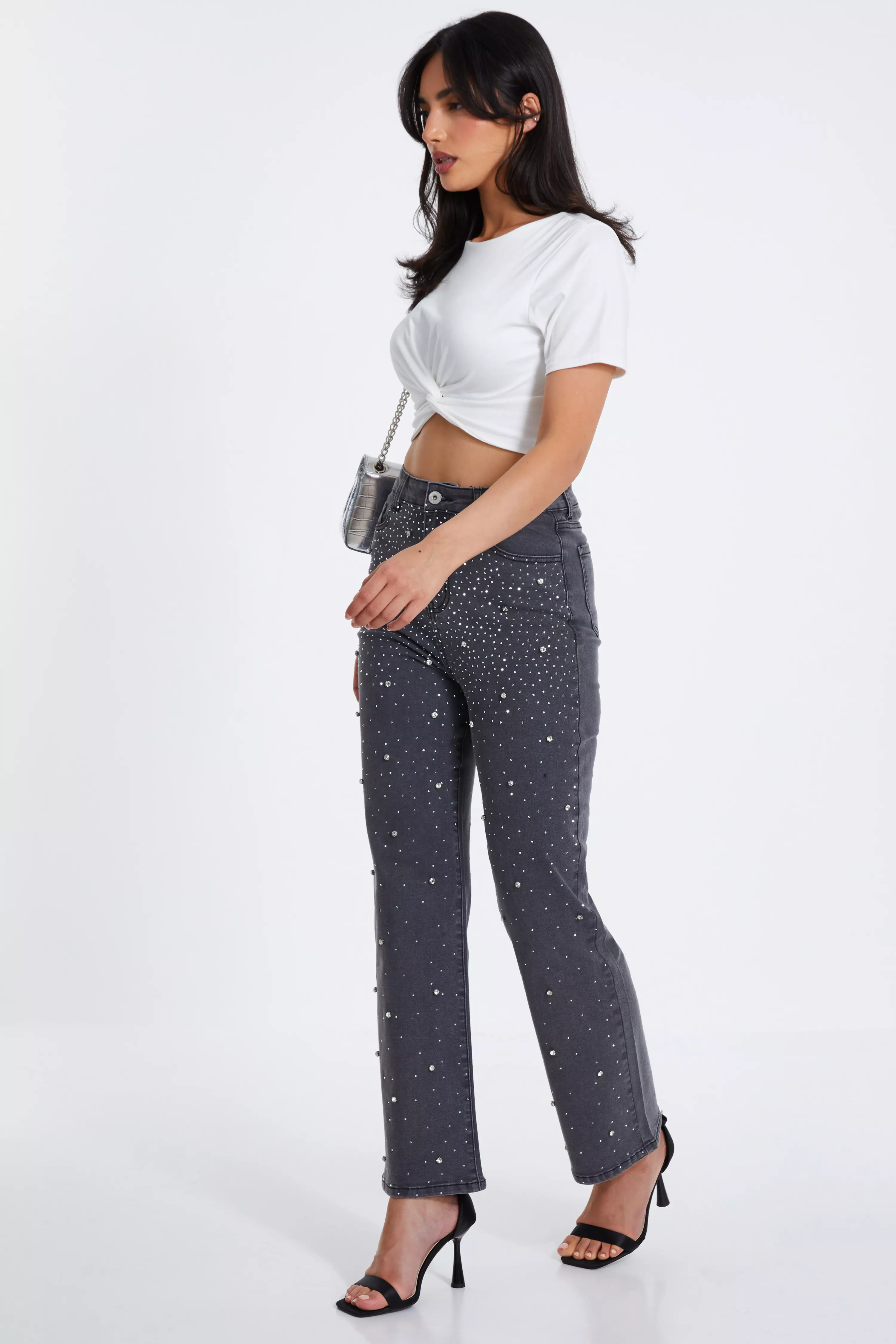 Grey Diamante Embellished Wide Leg Jeans