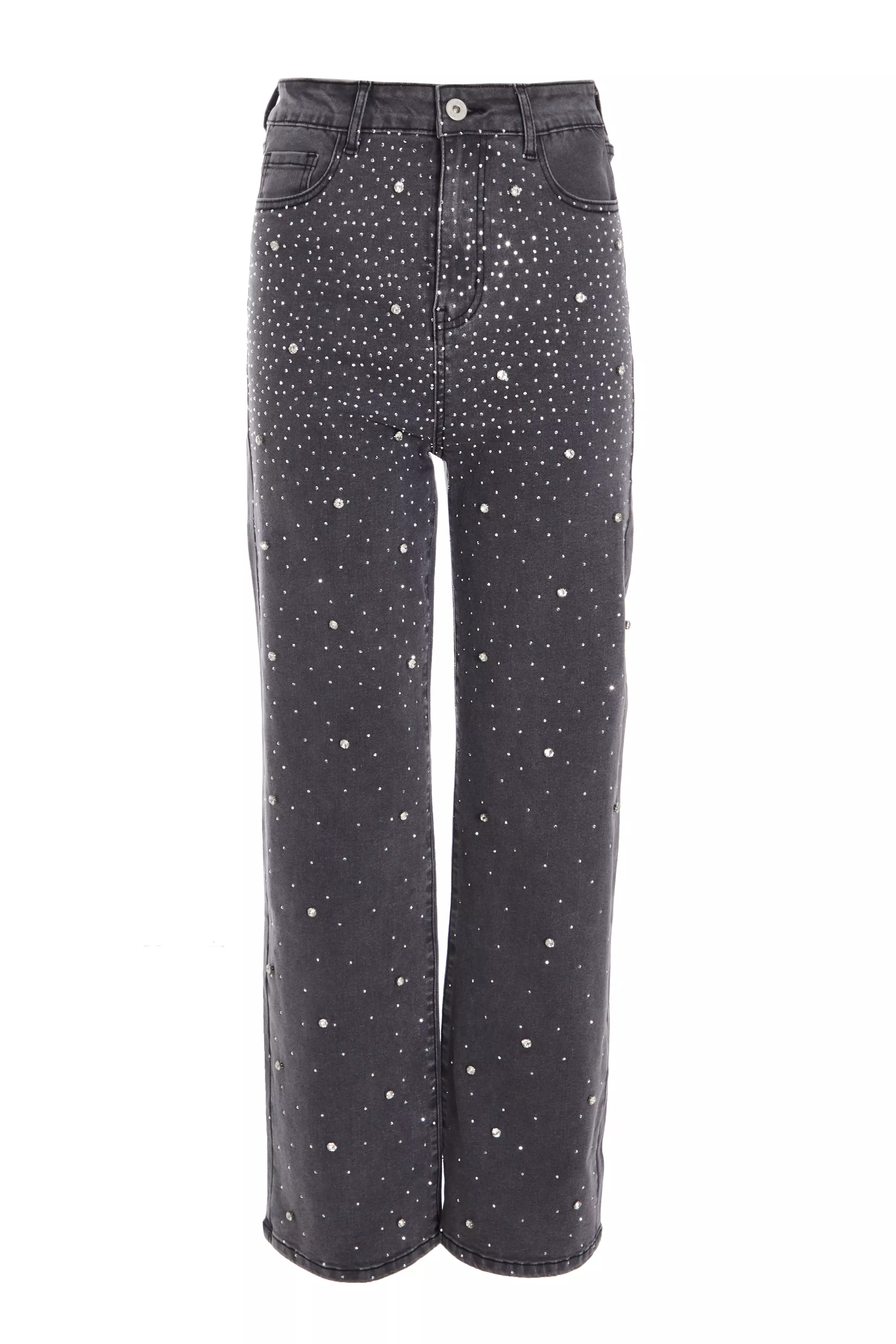 Grey Diamante Embellished Wide Leg Jeans