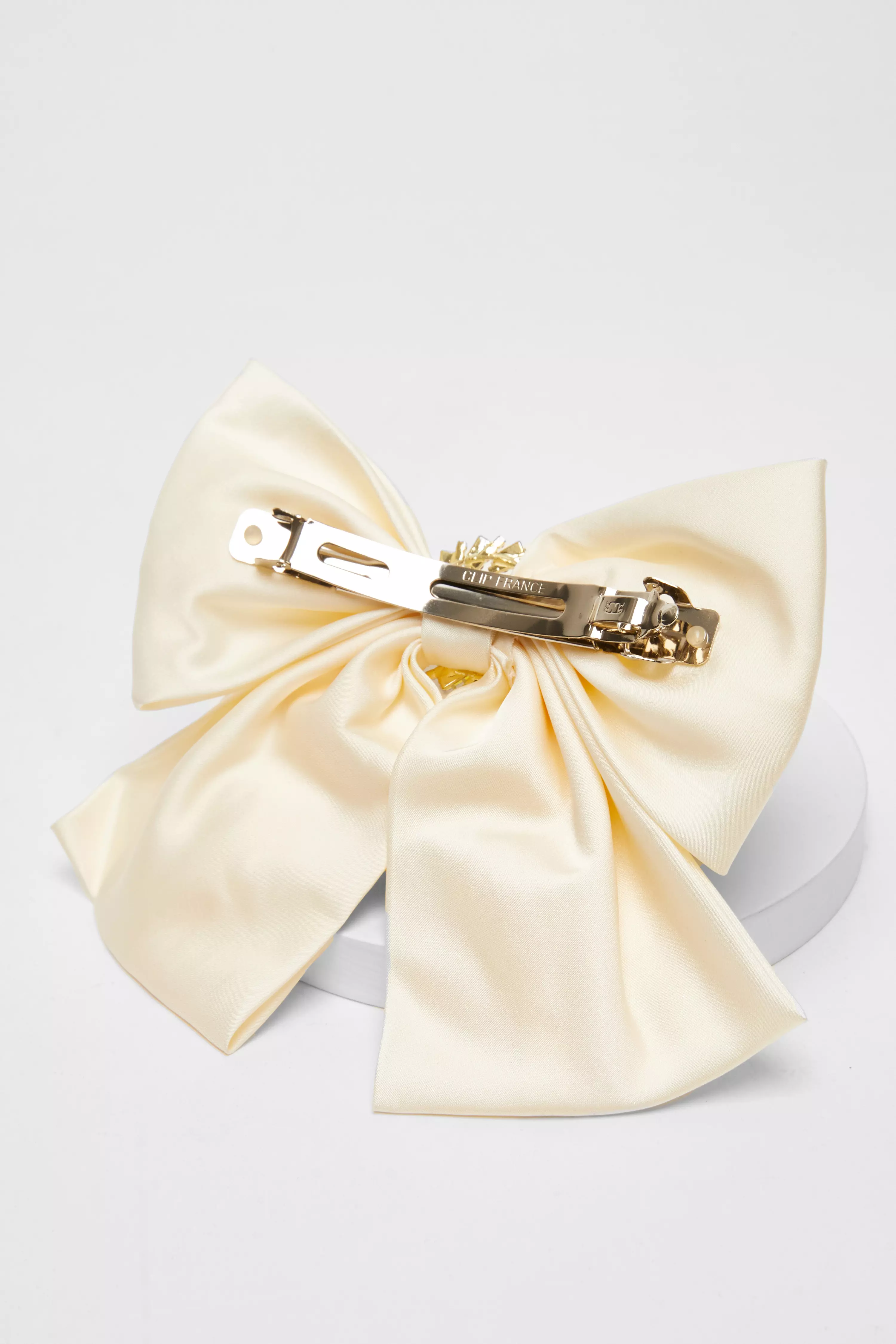 Cream Satin Embellished Hair Bow