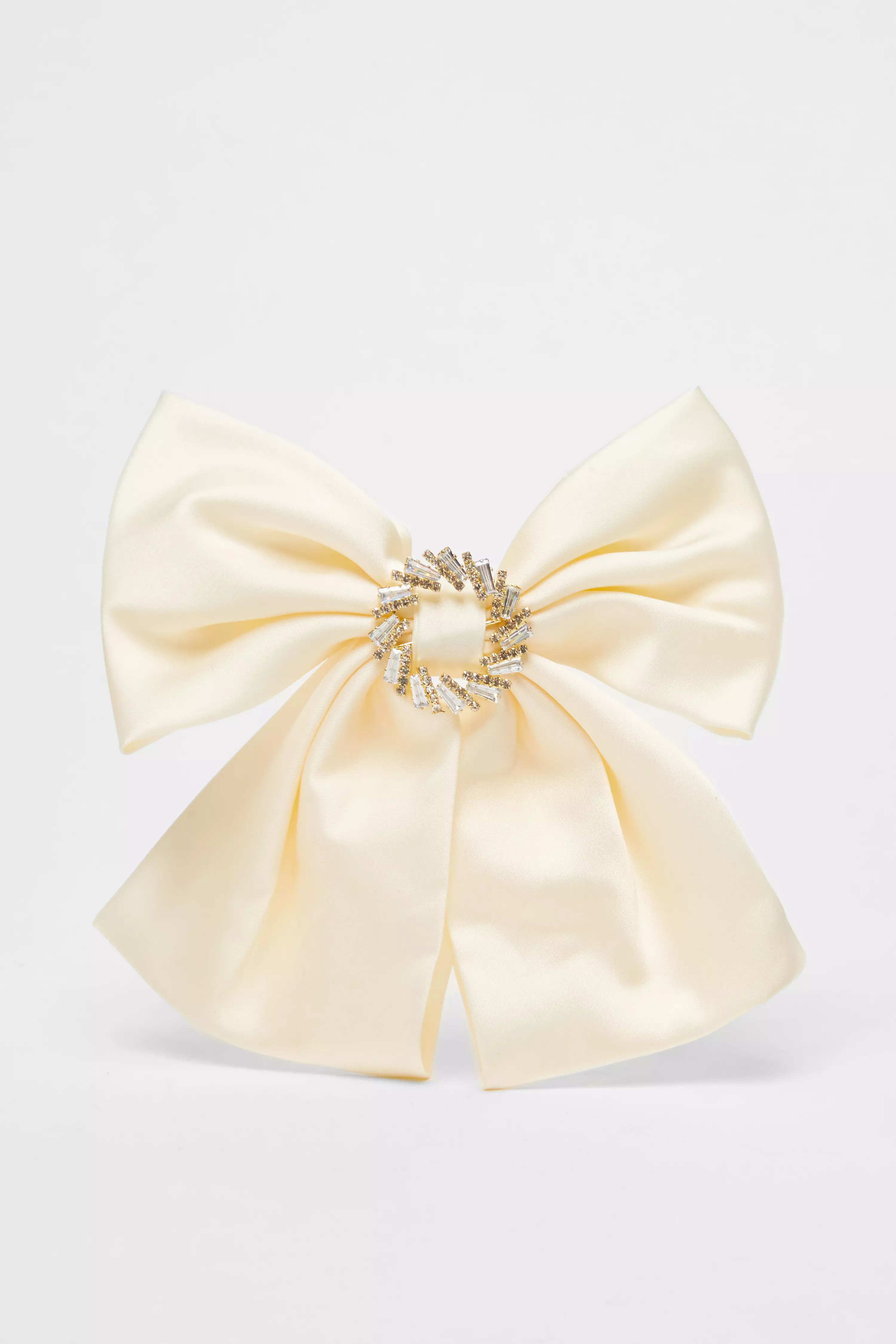 Cream Satin Embellished Hair Bow