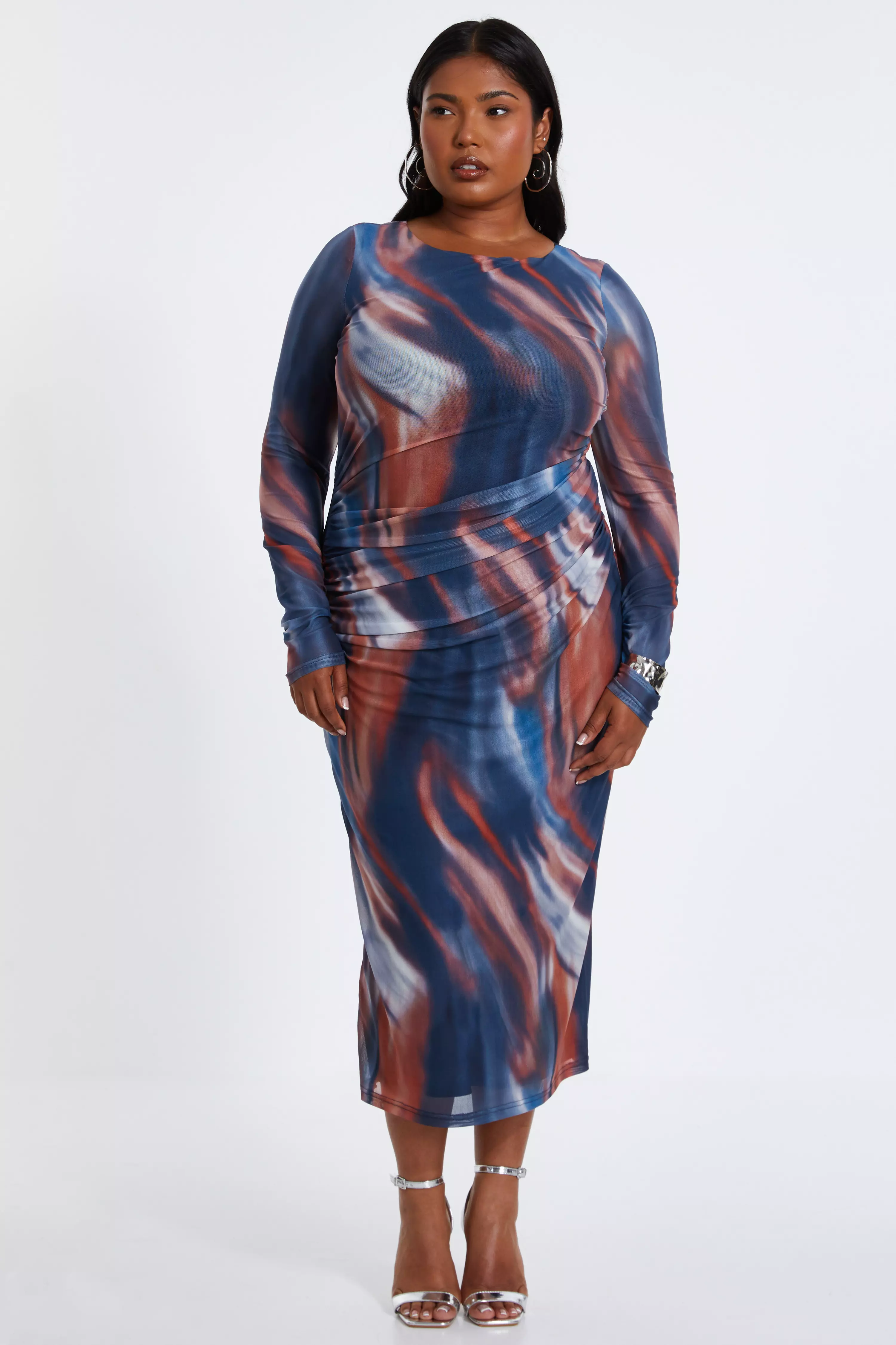 Curve Dark Blue Marble Print Midaxi Dress