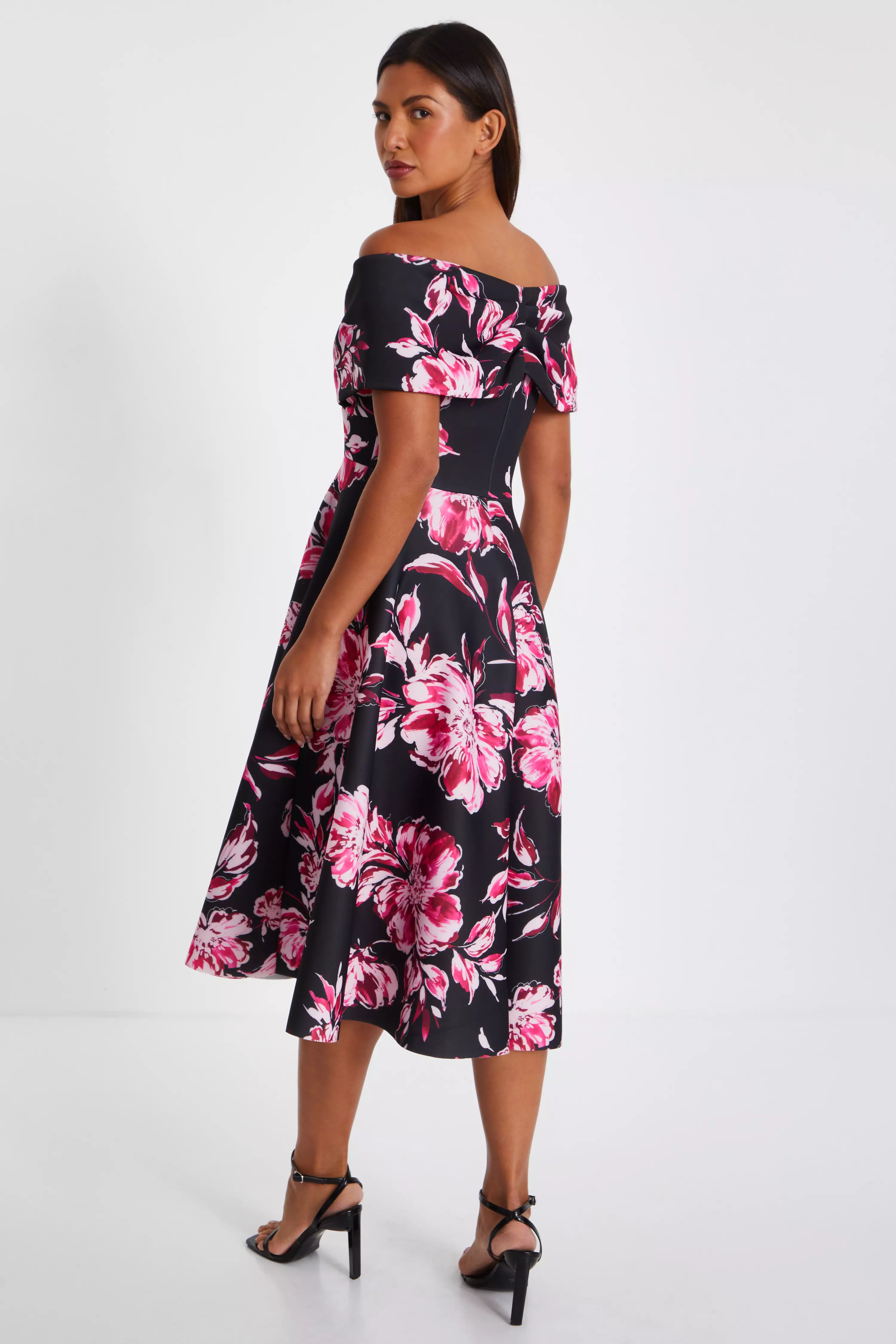 Black Floral Bardot Skater Midi Dress