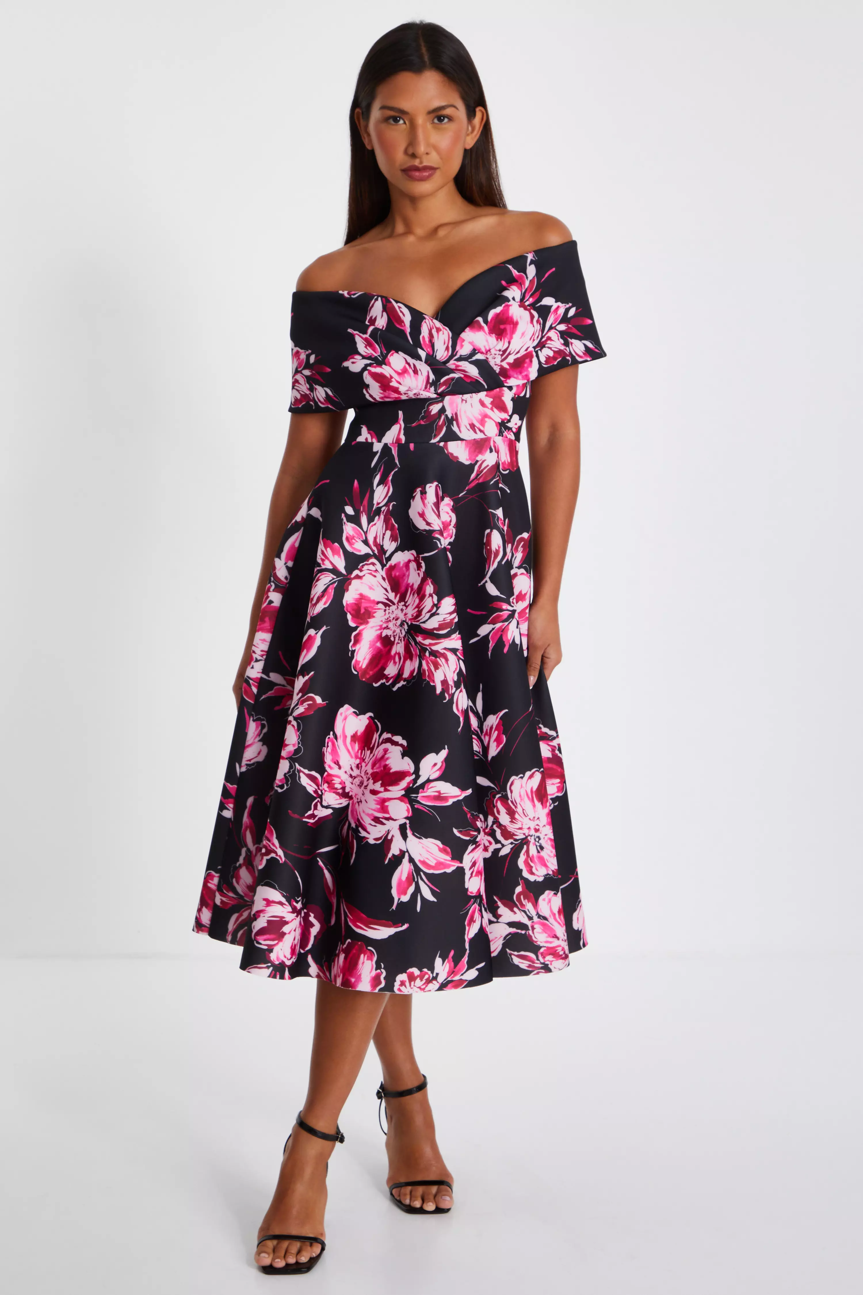 Black Floral Bardot Skater Midi Dress