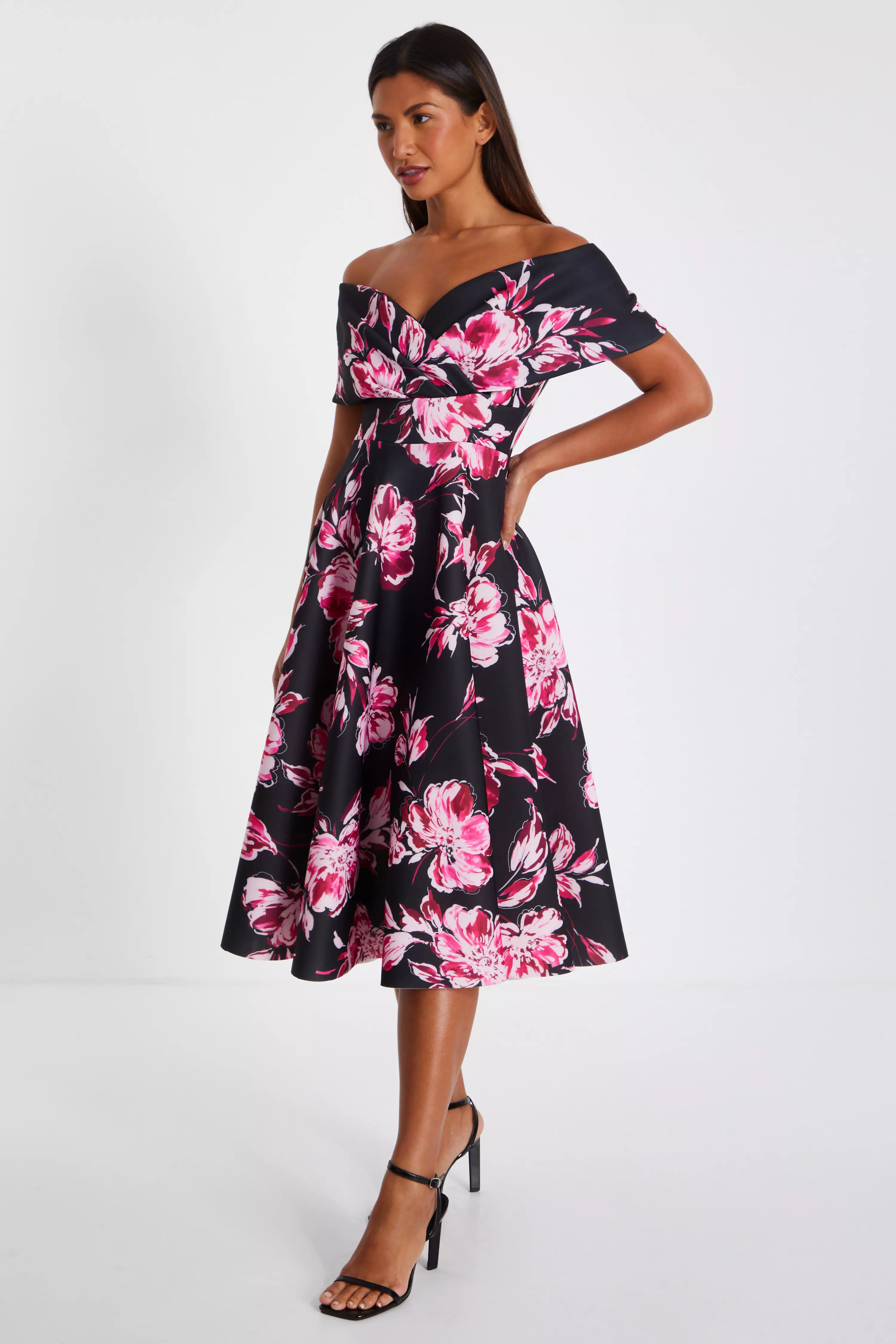 Black Floral Bardot Skater Midi Dress