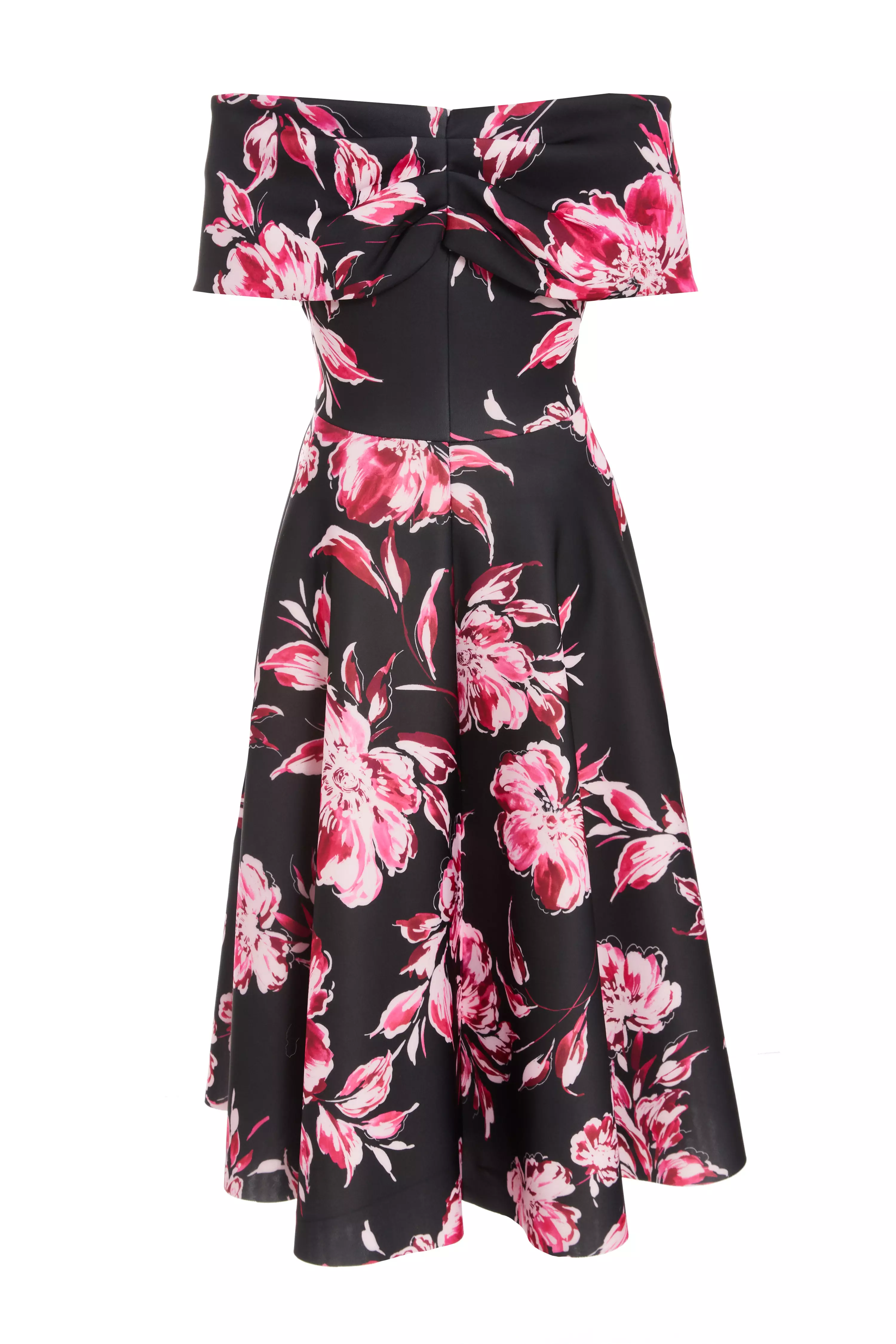 Black Floral Bardot Skater Midi Dress