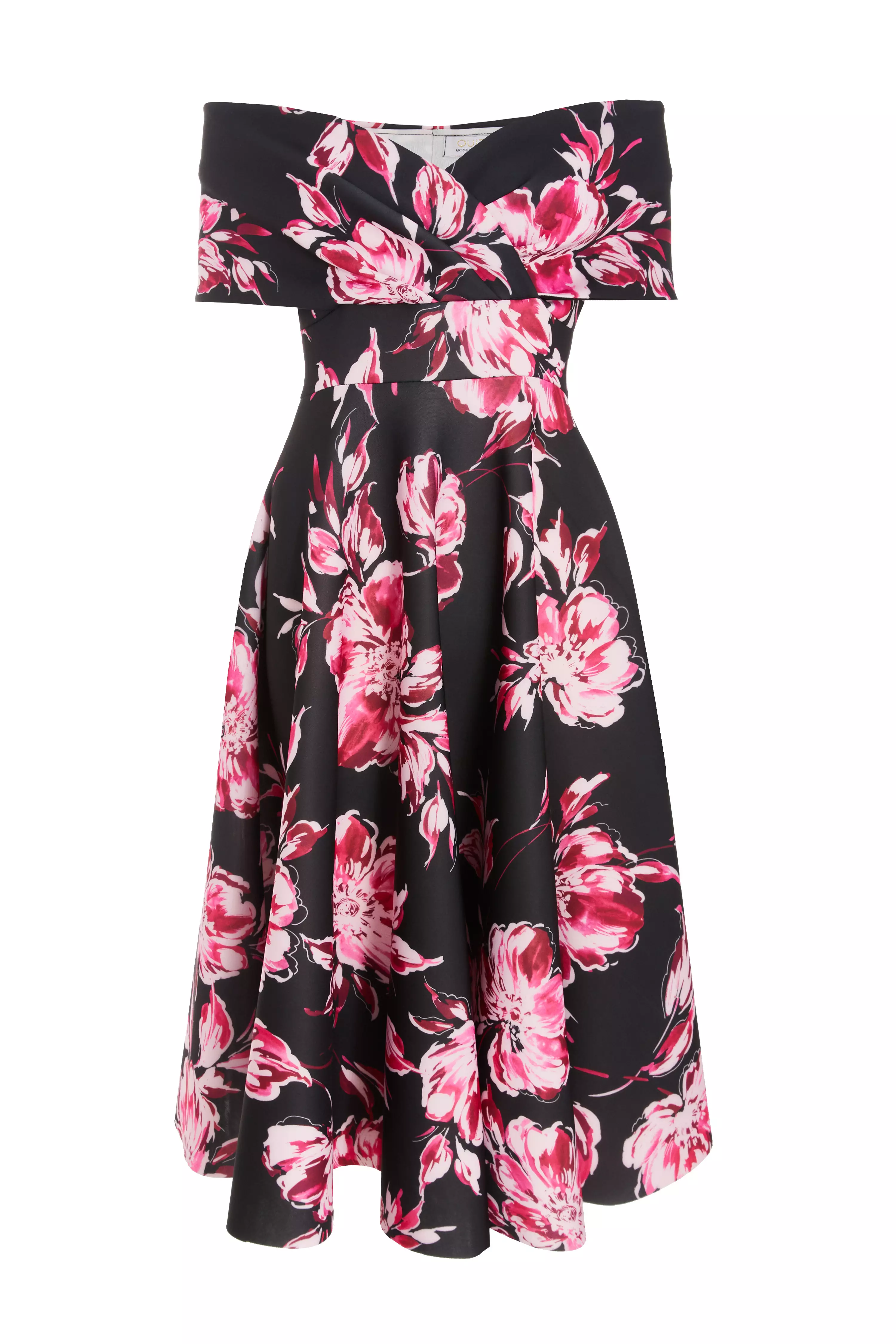 Black Floral Bardot Skater Midi Dress