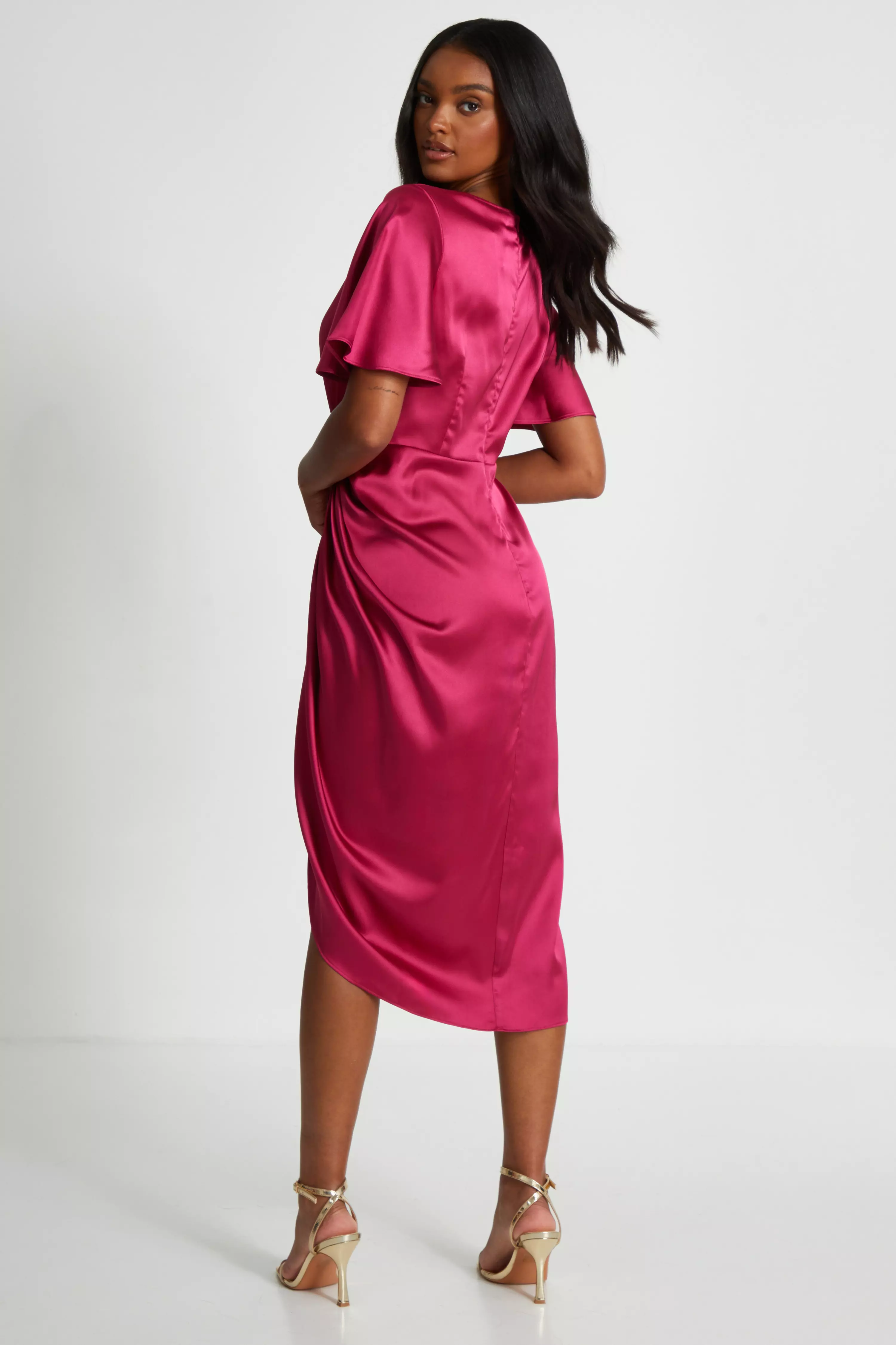 Raspberry Satin Ruched Wrap Midi Dress