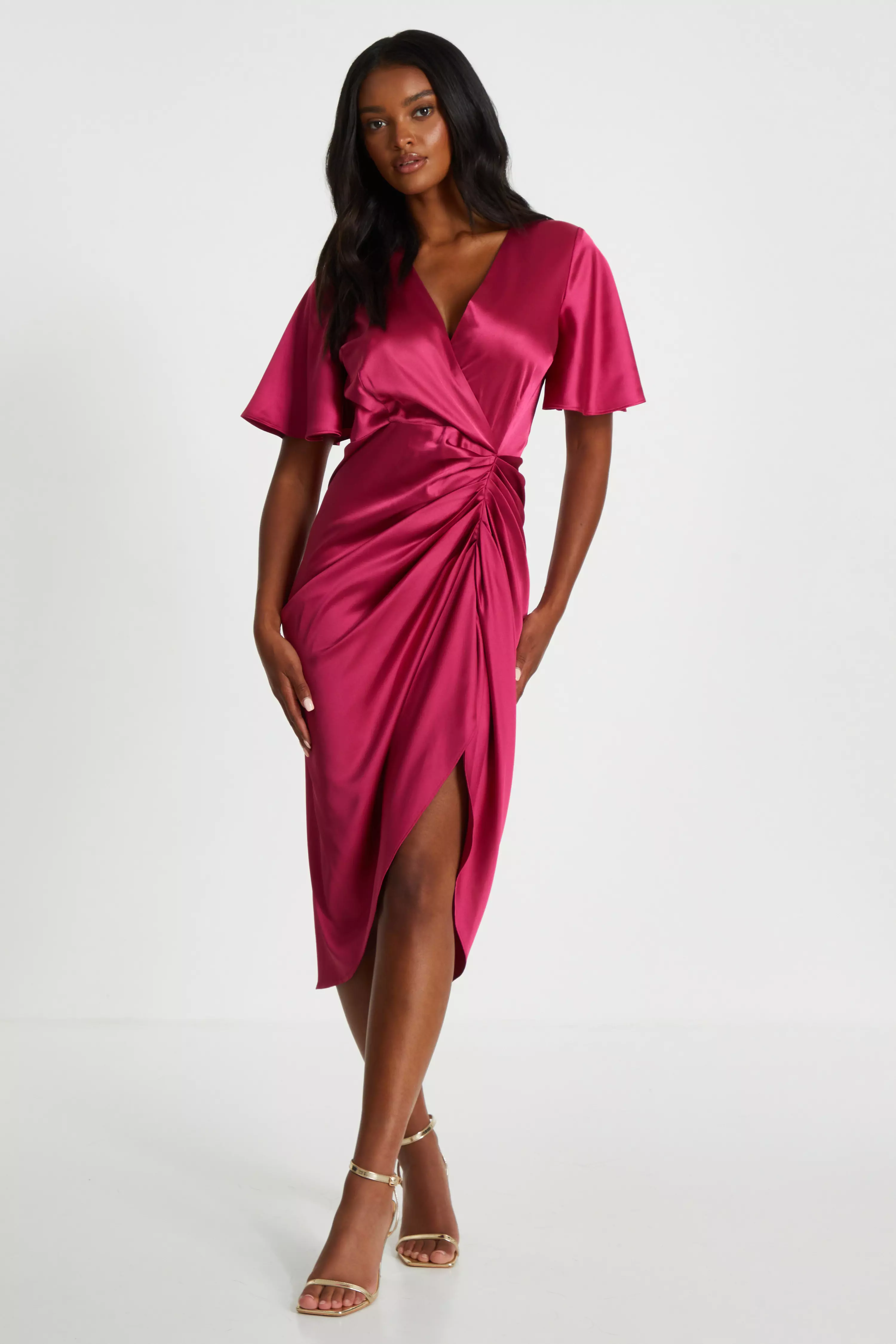 Raspberry Satin Ruched Wrap Midi Dress