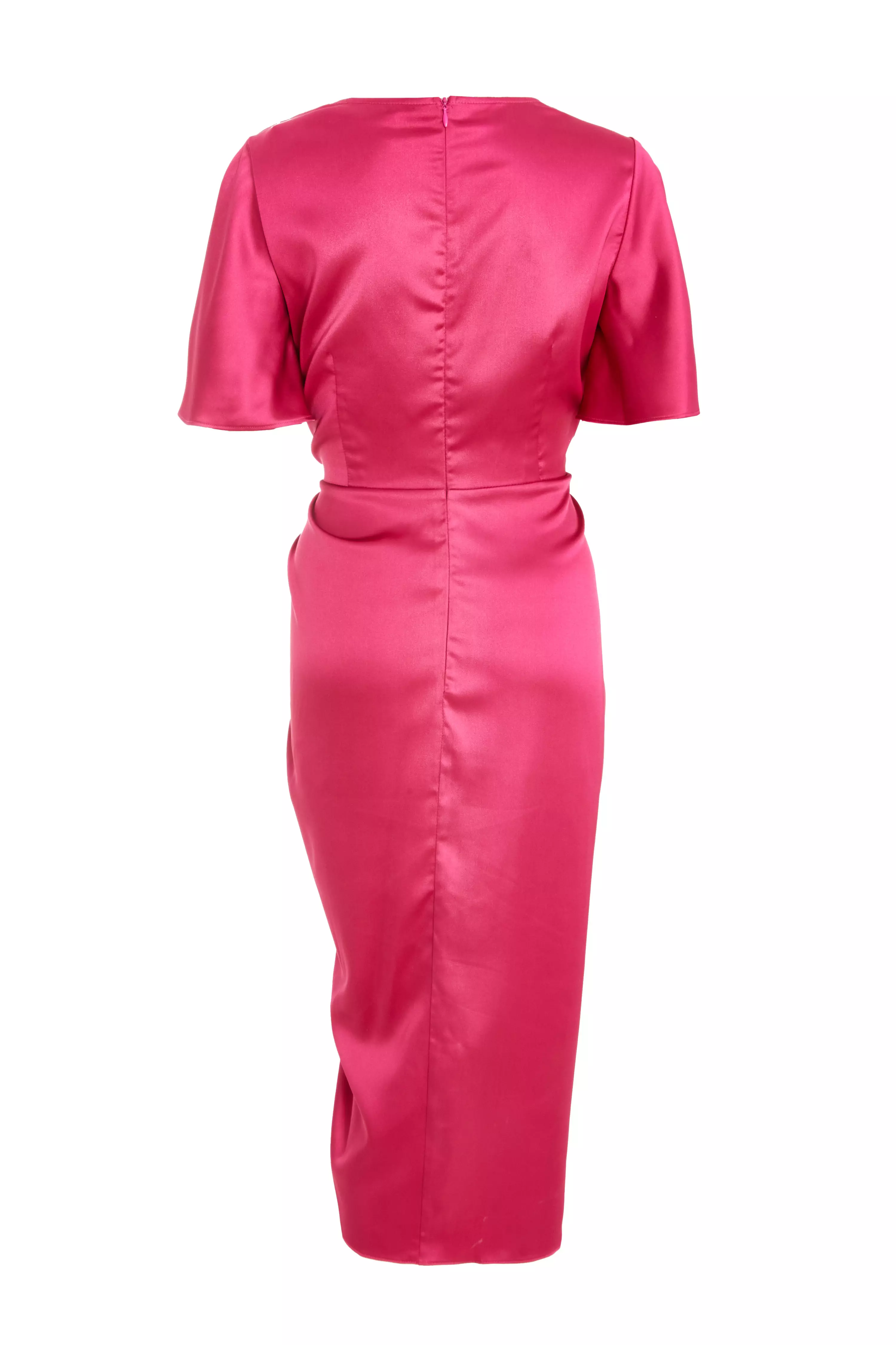 Raspberry Satin Ruched Wrap Midi Dress