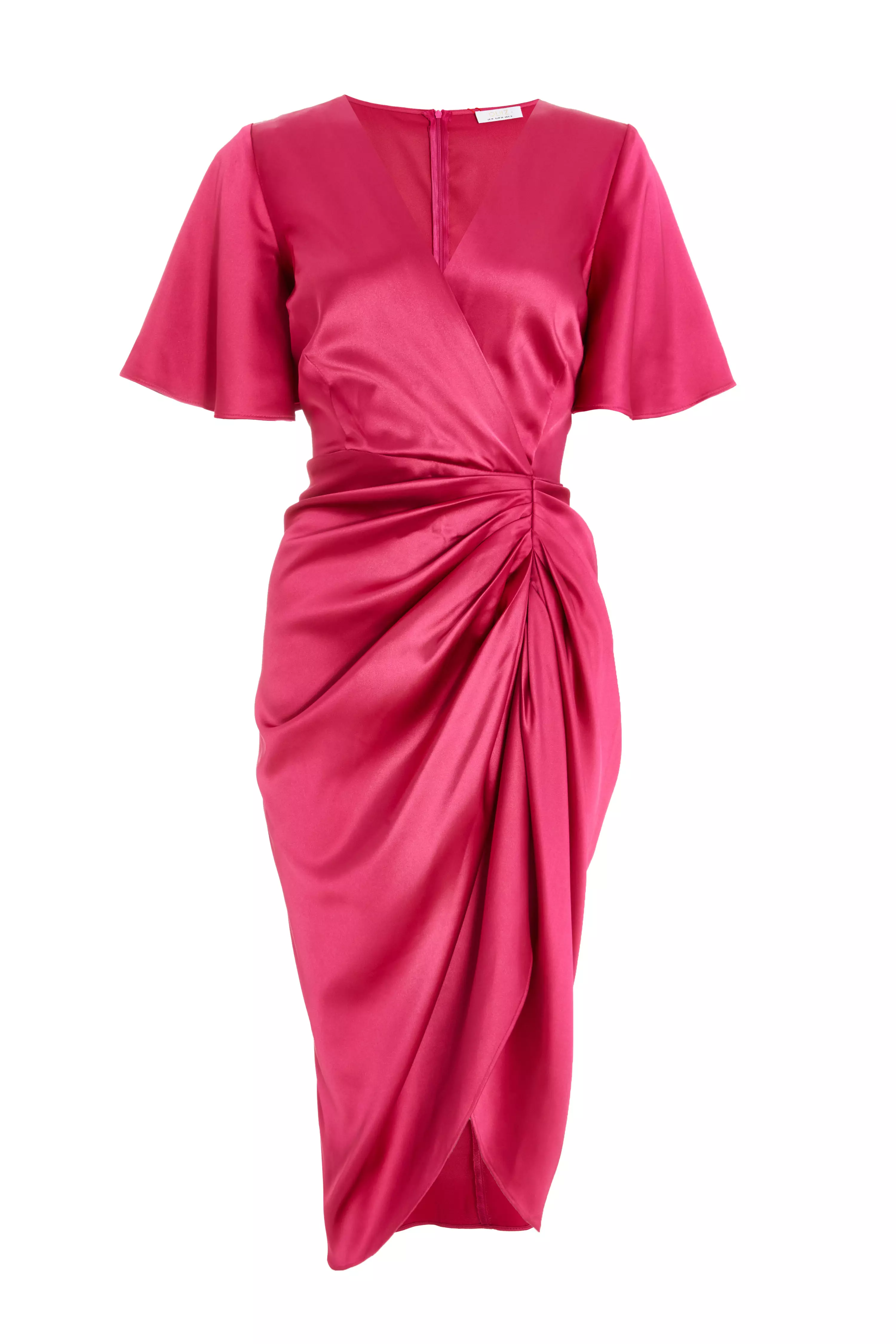 Raspberry Satin Ruched Wrap Midi Dress