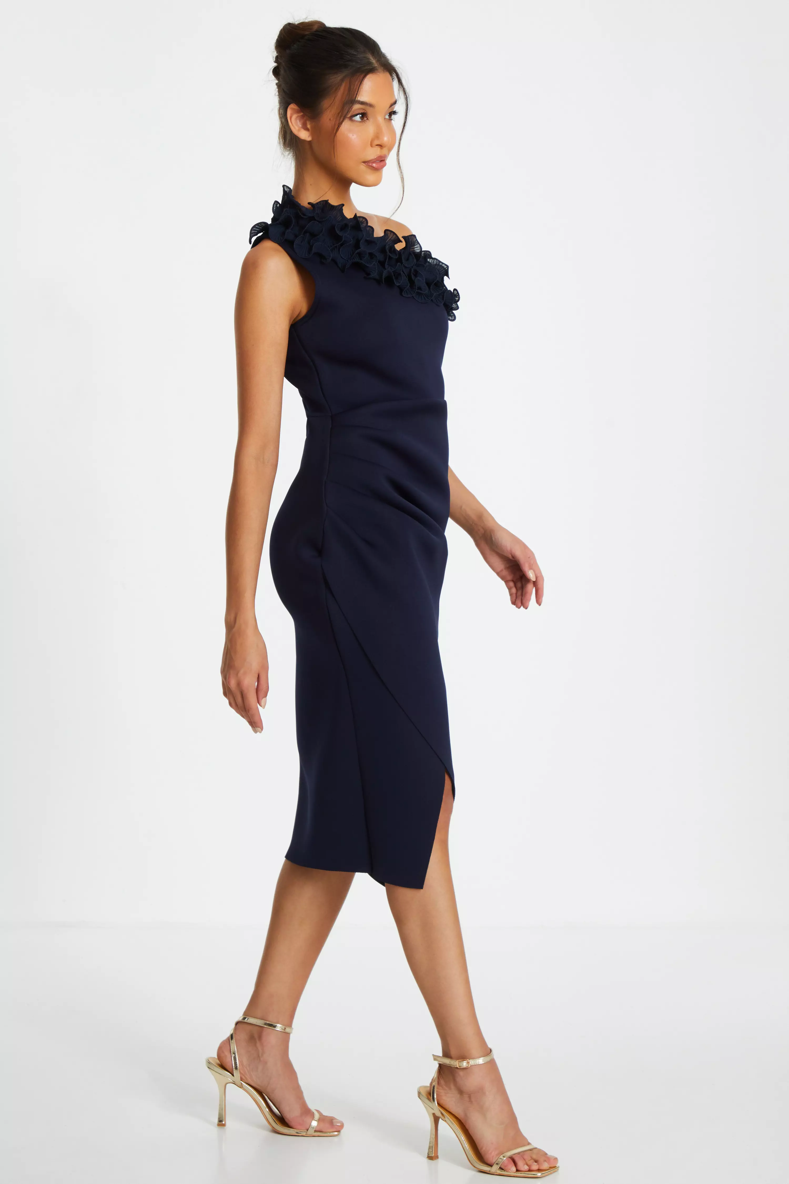 Navy One Shoulder Ruched Midi Dress