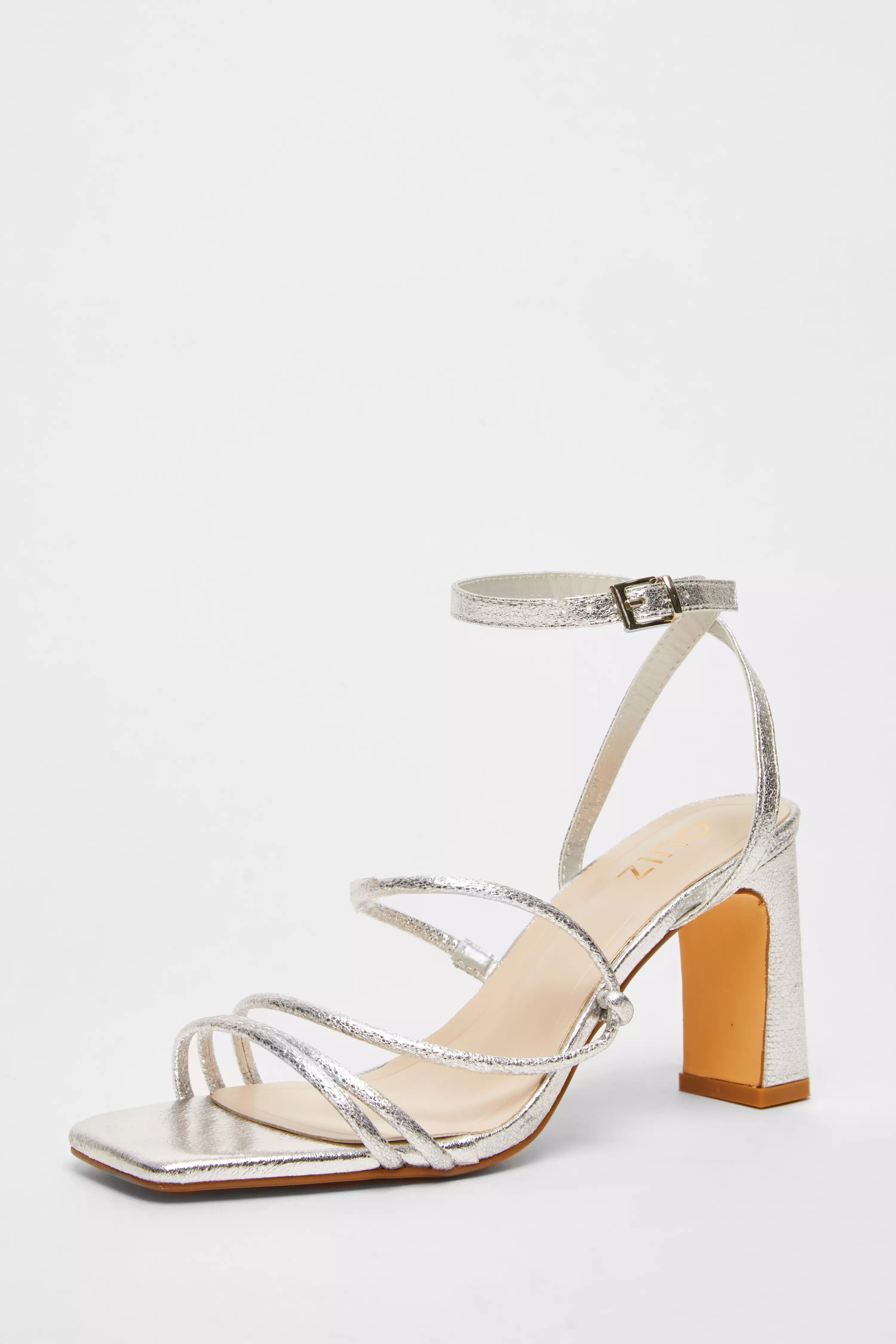 Silver Faux Leather Strappy Heeled Sandals