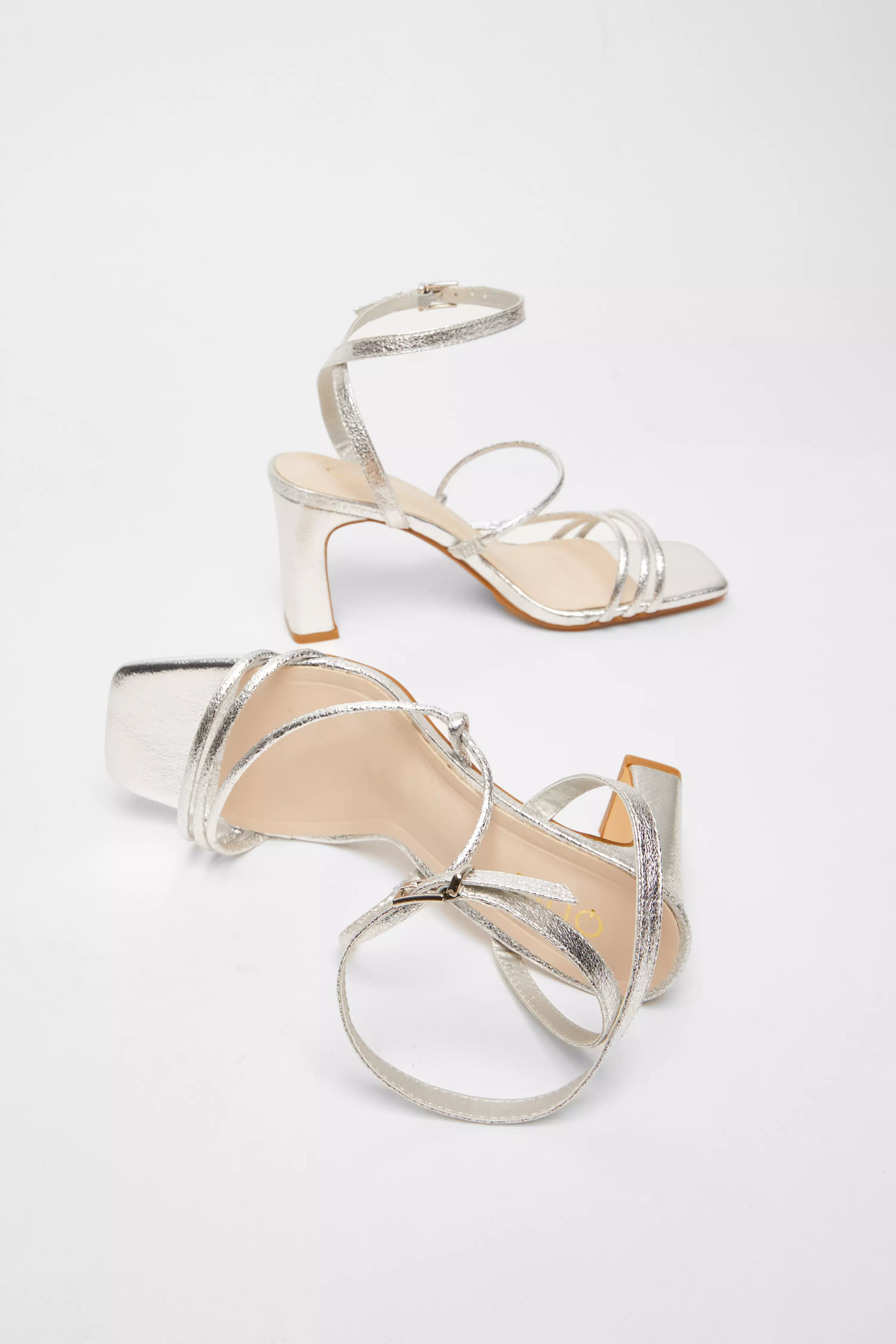 Silver Faux Leather Strappy Heeled Sandals