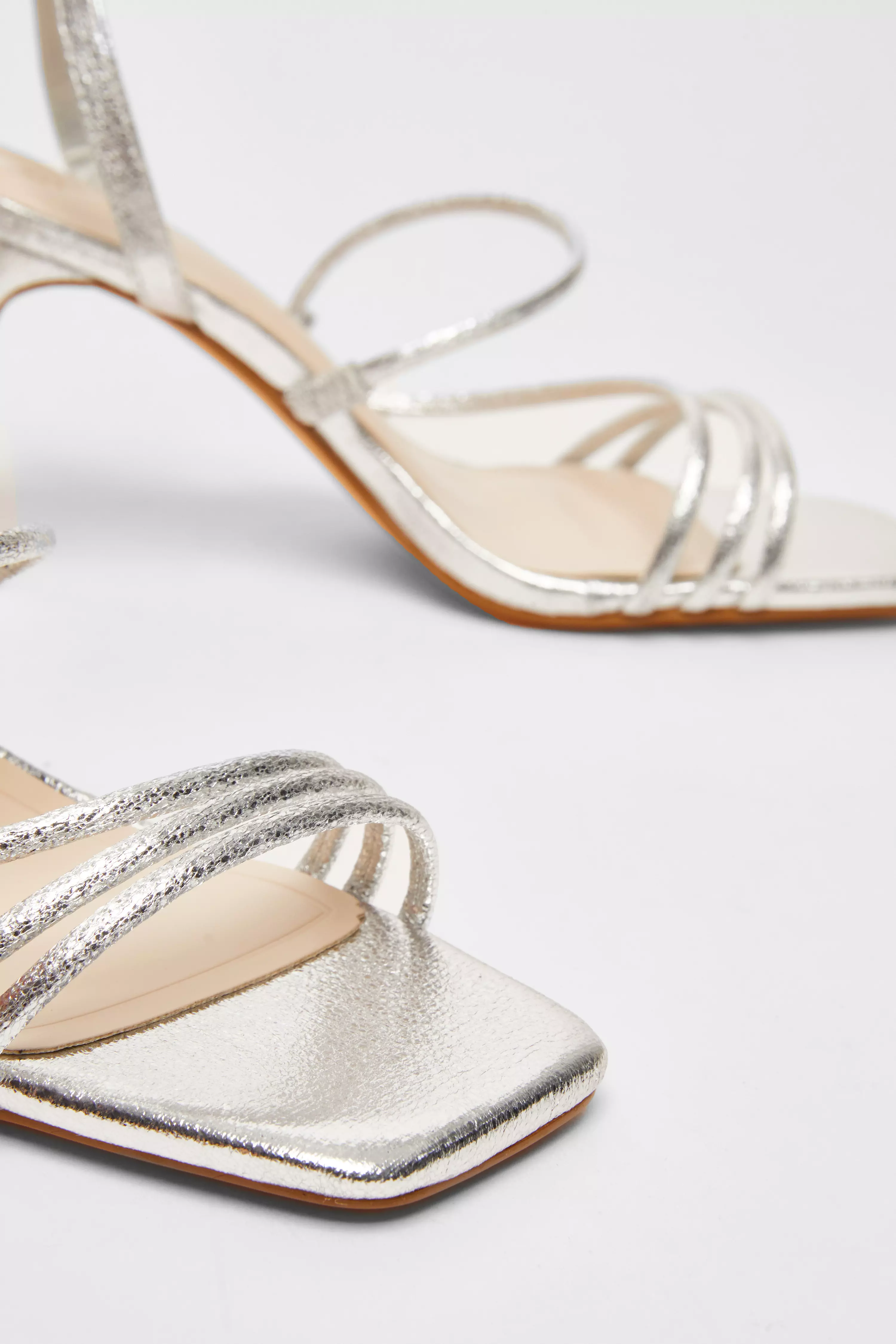 Silver Faux Leather Strappy Heeled Sandals