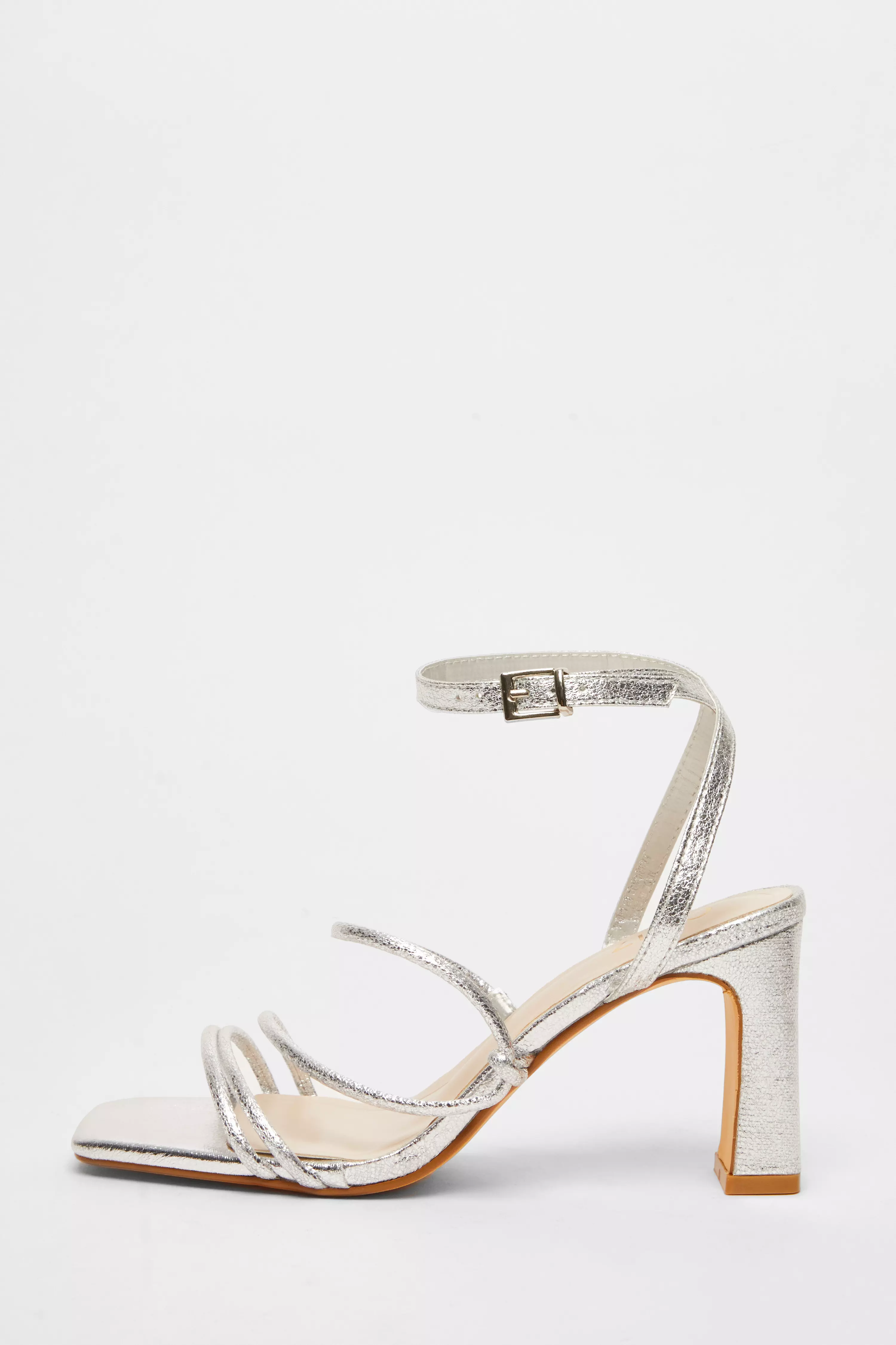 Silver Faux Leather Strappy Heeled Sandals