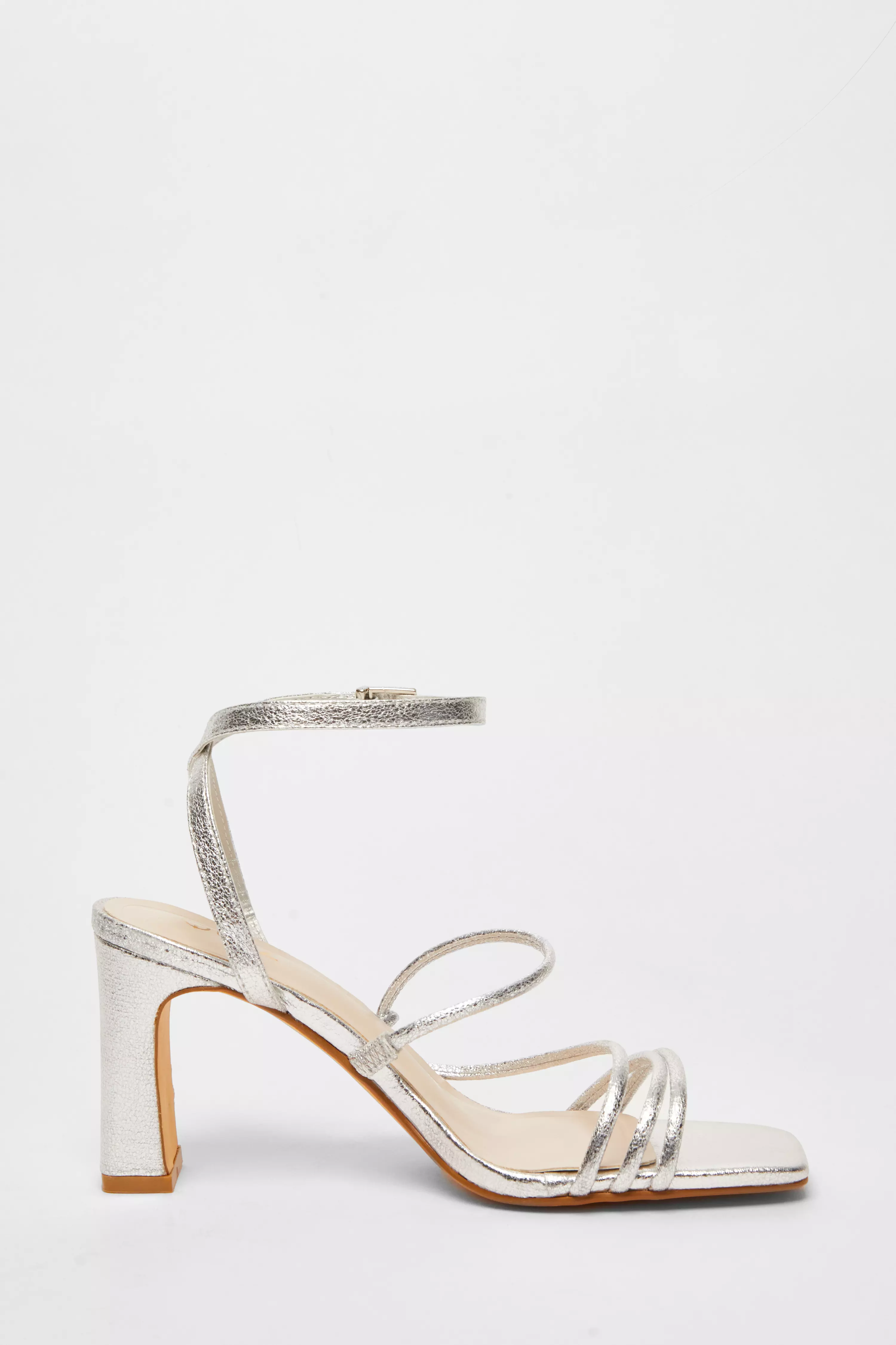 Silver Faux Leather Strappy Heeled Sandals