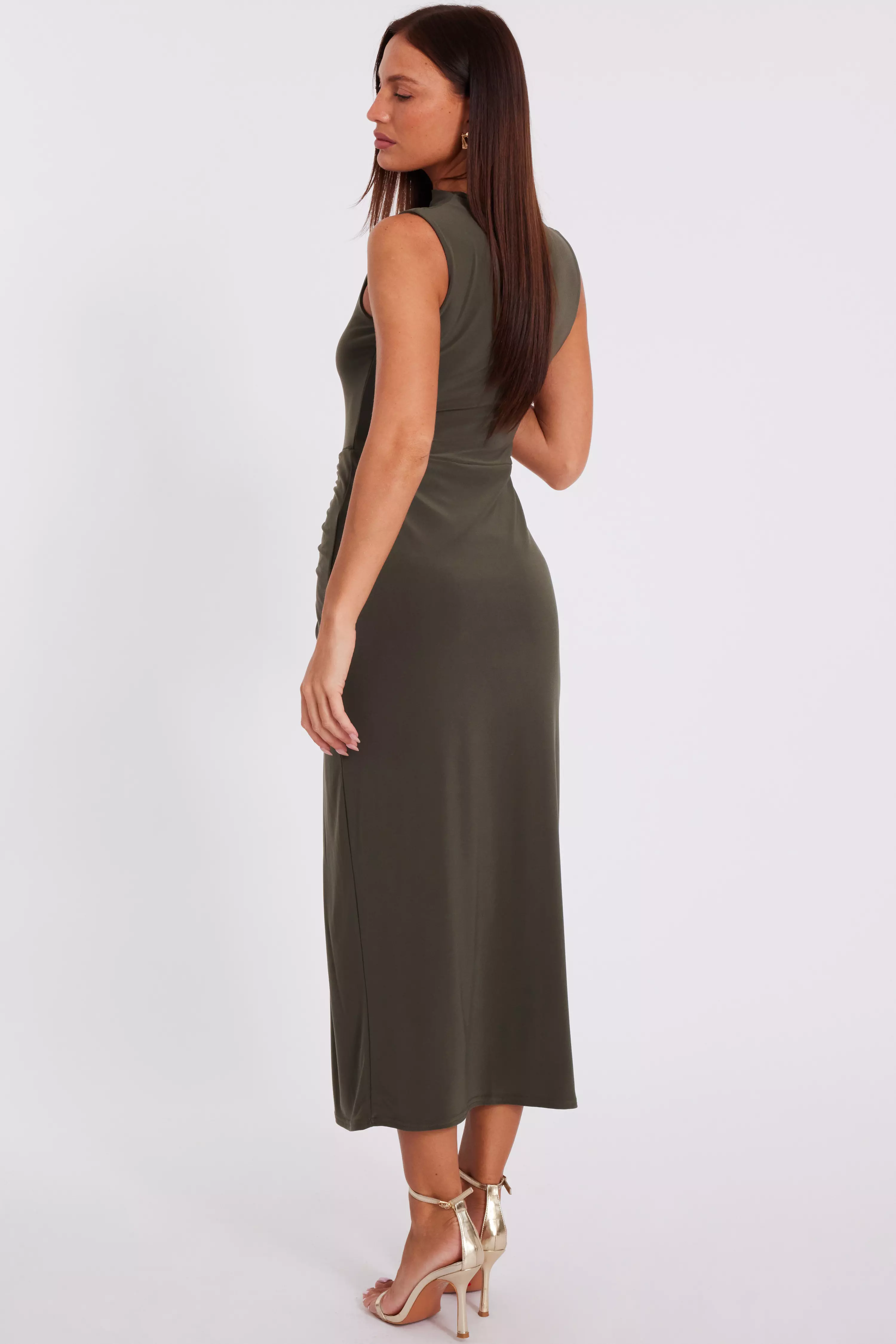 Khaki Ruched Bodycon Midaxi Dress