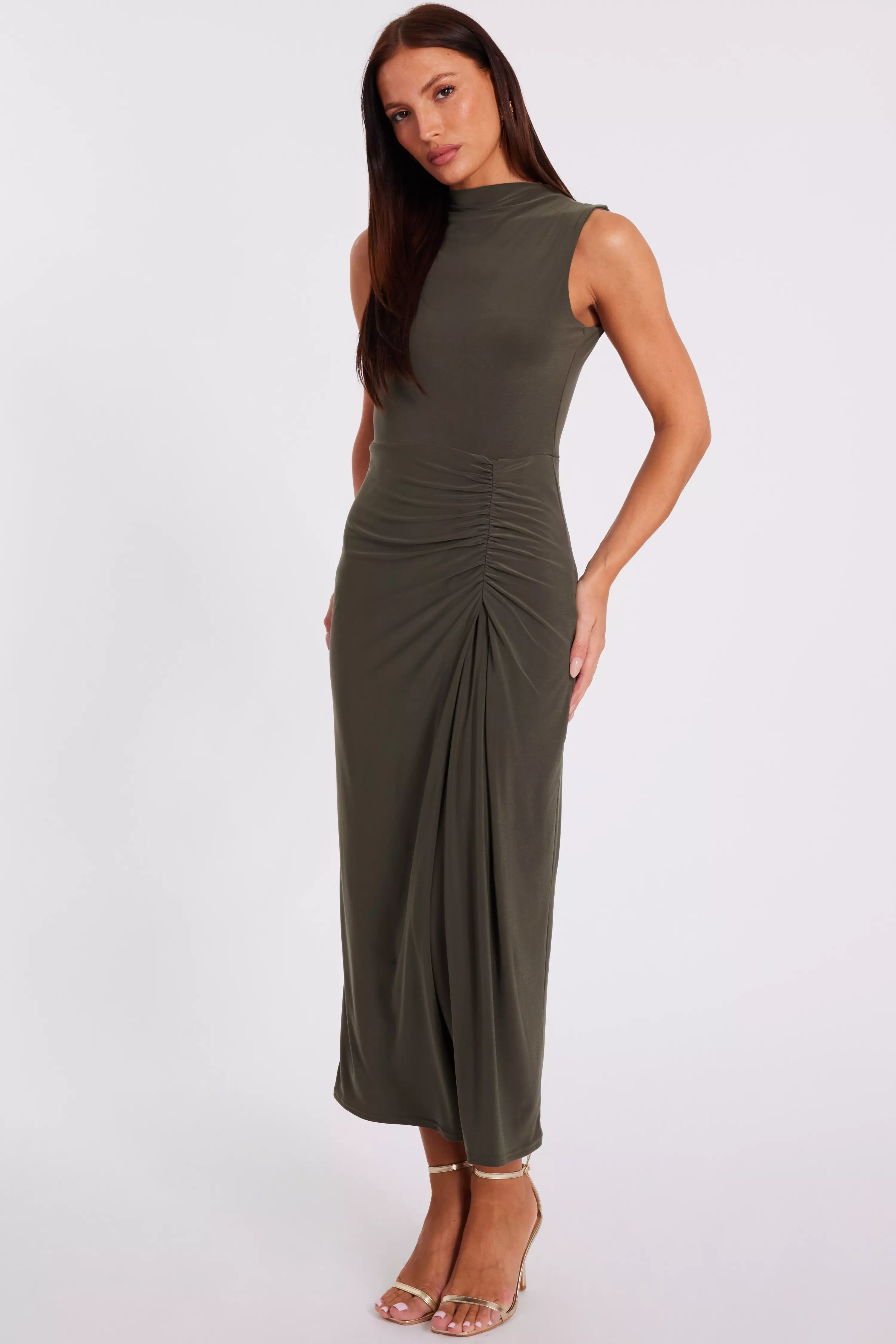 Khaki Ruched Bodycon Midaxi Dress