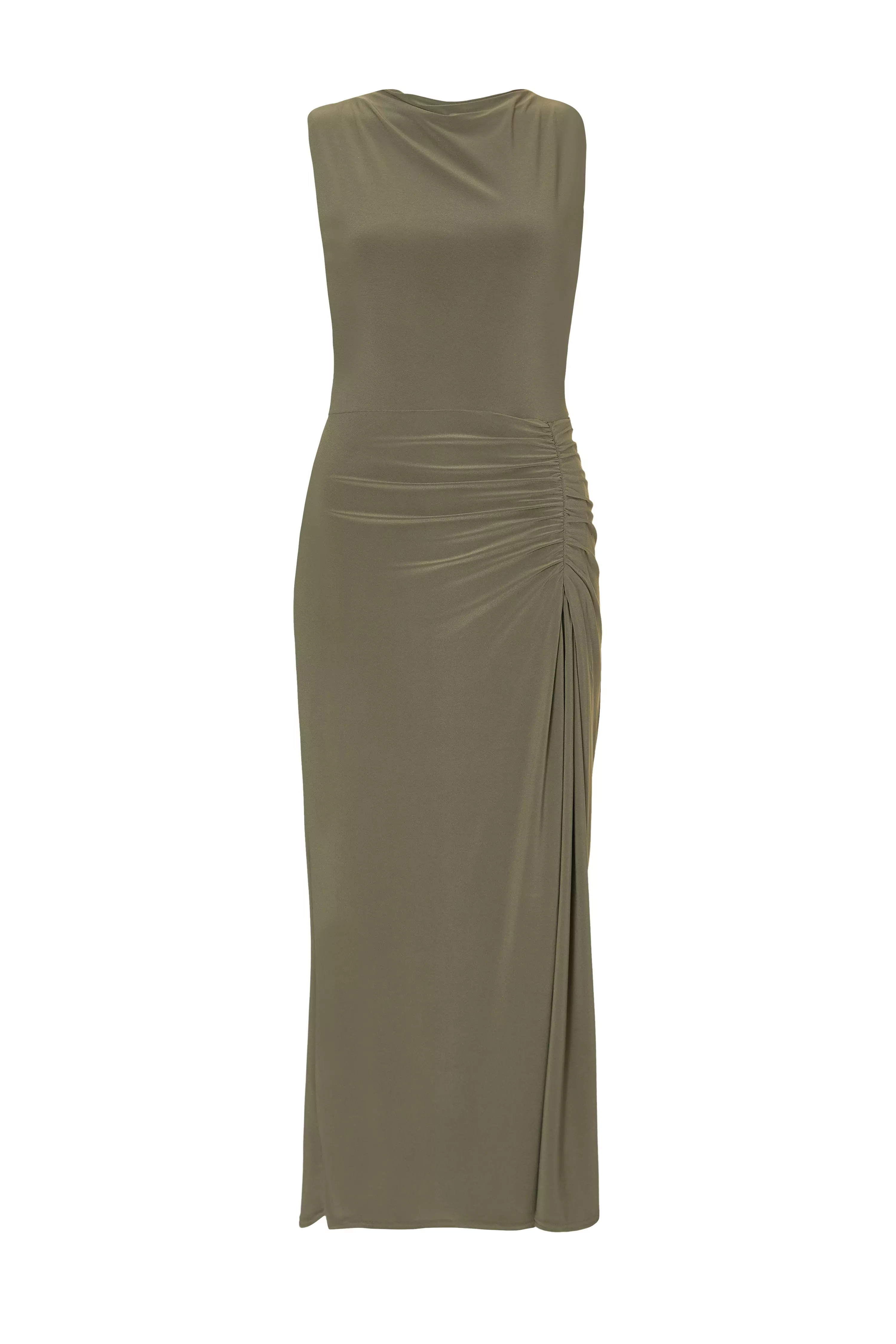 Khaki Ruched Bodycon Midaxi Dress