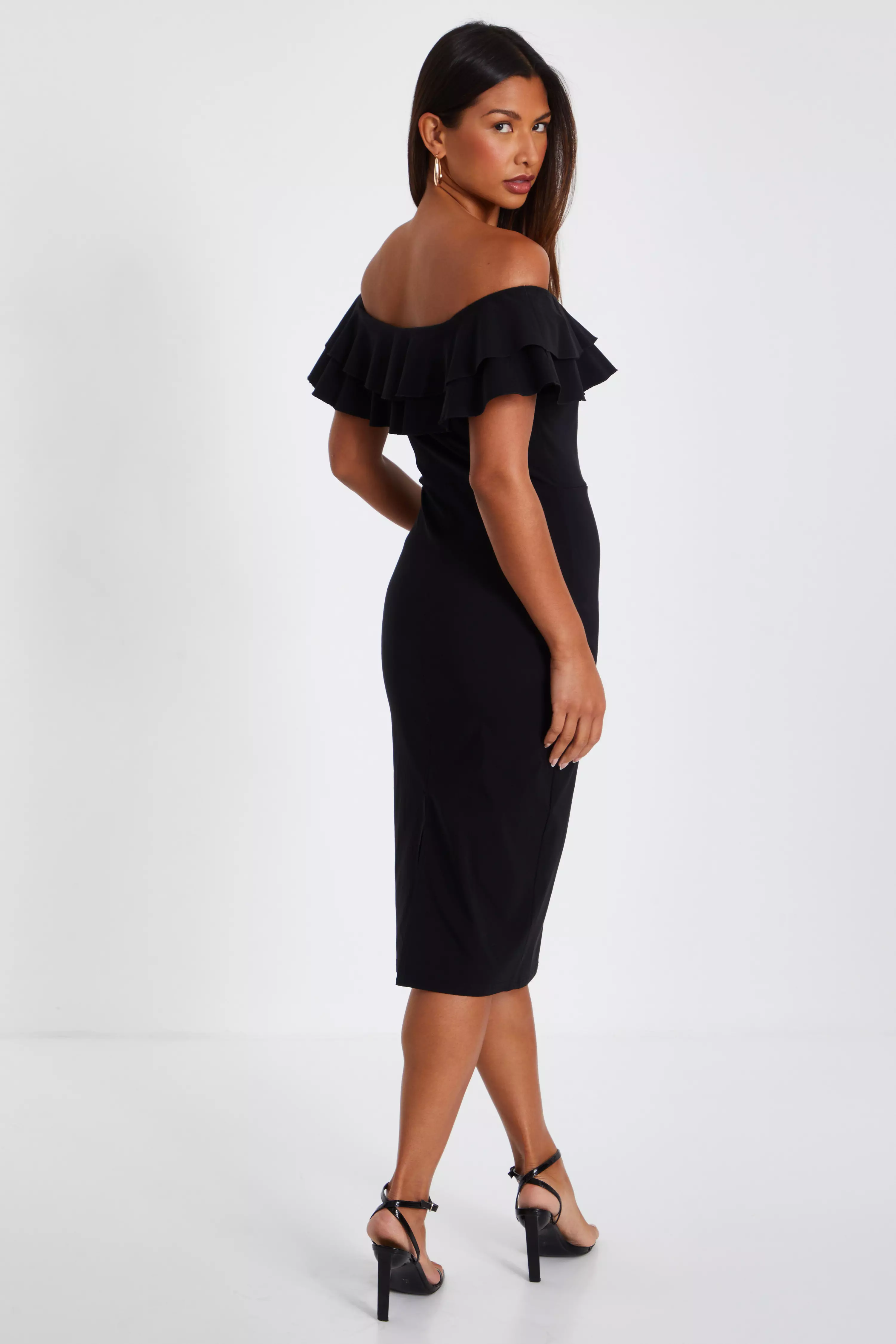 Black Bardot Ruffle Midi Bodycon Dress