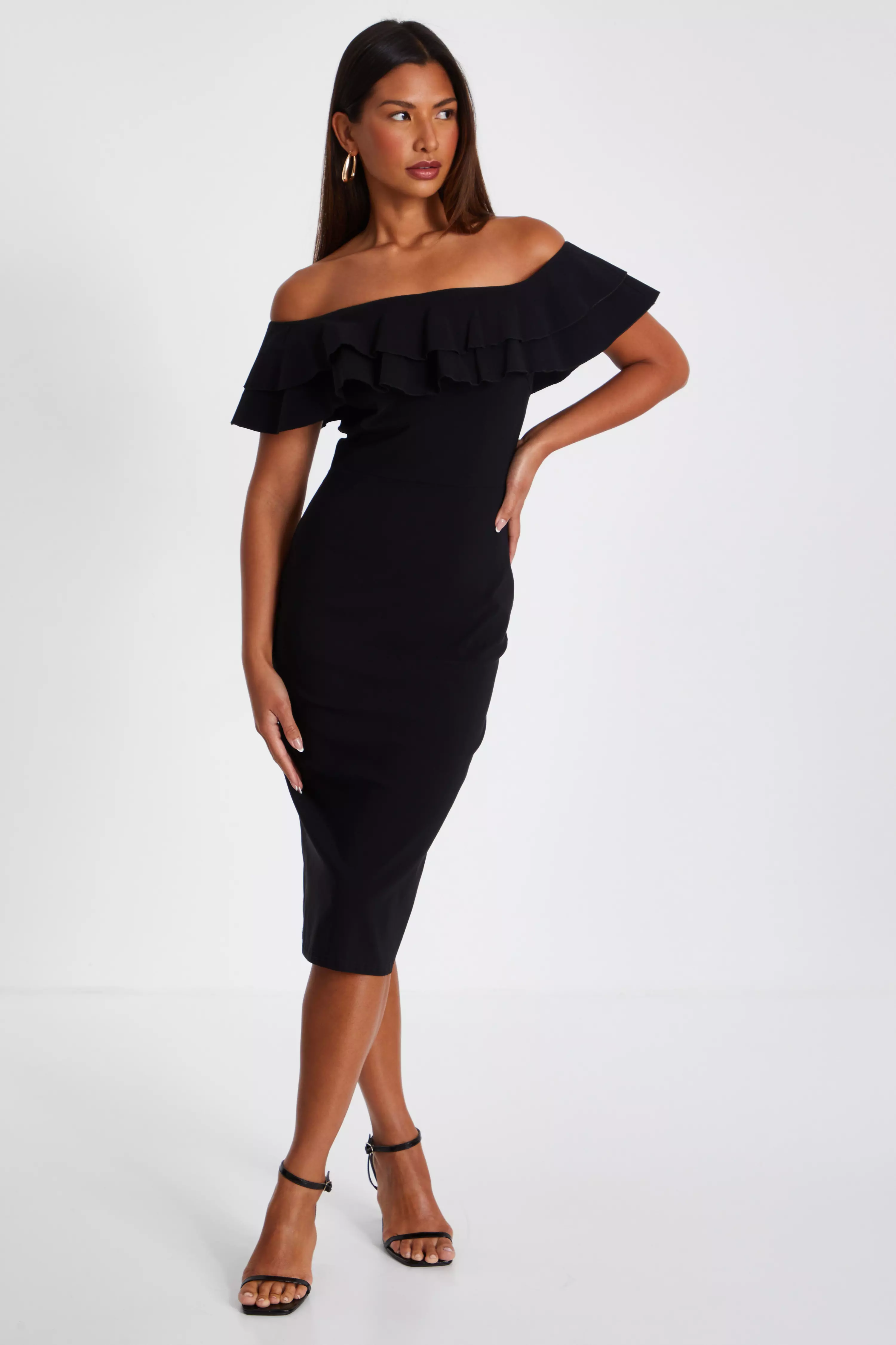 Black Bardot Ruffle Midi Bodycon Dress