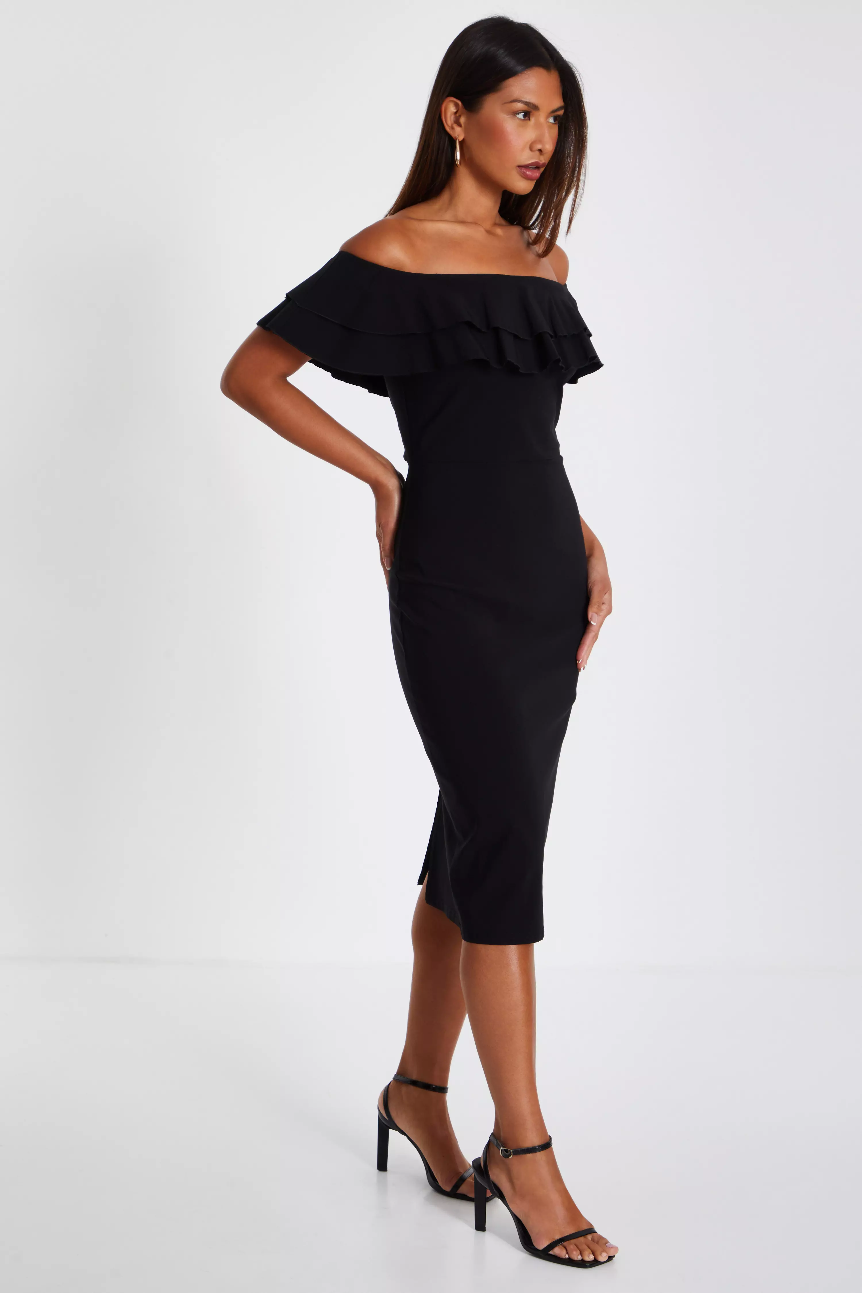 Black Bardot Ruffle Midi Bodycon Dress