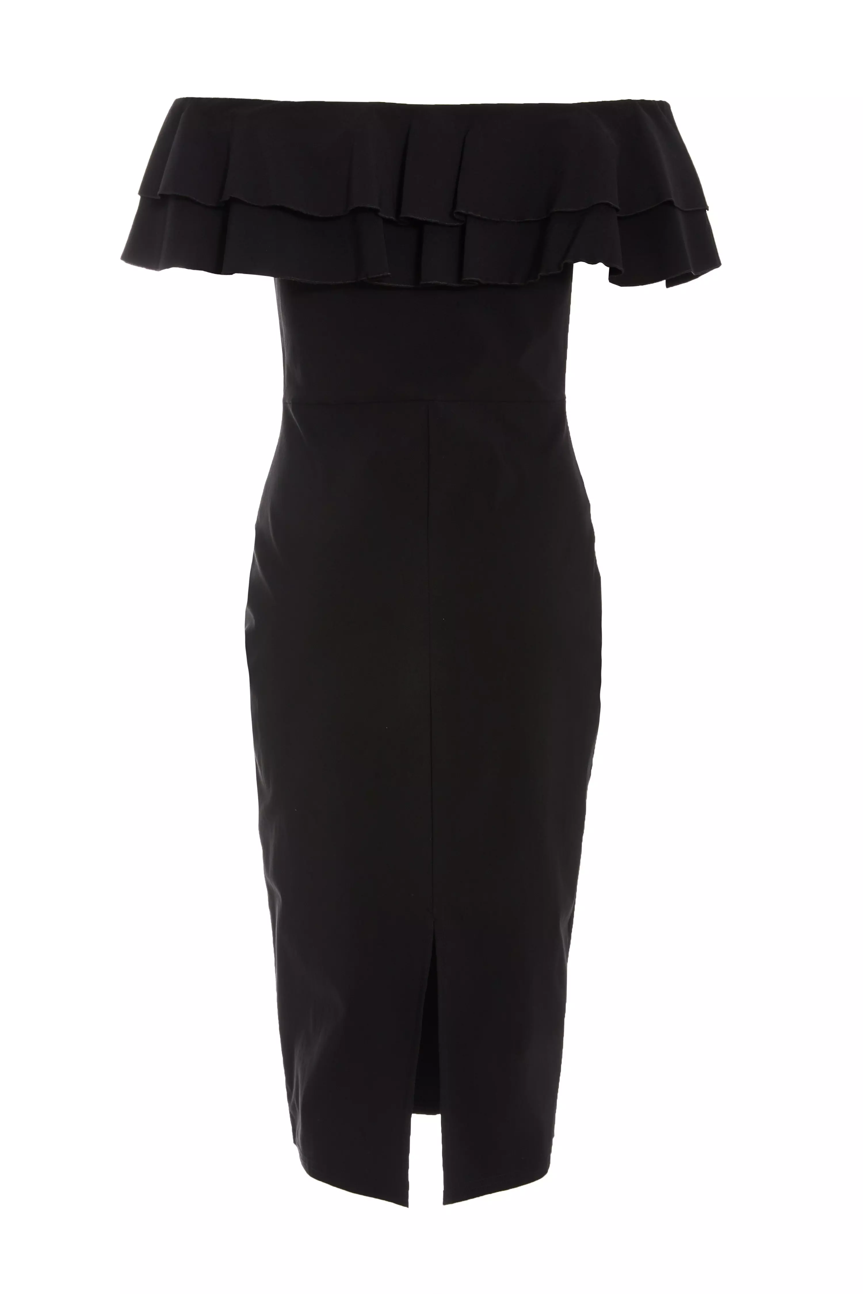 Black Bardot Ruffle Midi Bodycon Dress